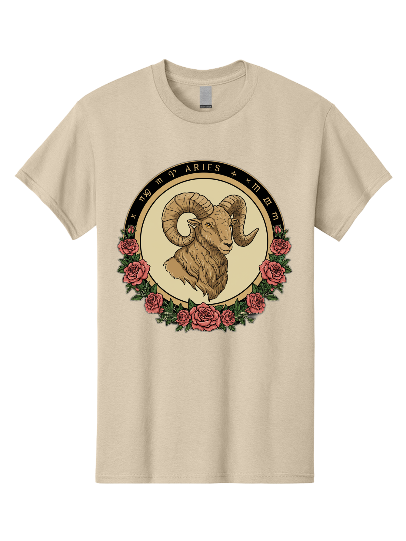 Aries Men'S Graphic Tee, 100% Cotton, Comfortable Casual Summer Wear, Machine Washable, Ram Illustration, Aries Zodiac Sign, Astrology Symbol, Roses, Floral Design, Horoscope, Mystical, Esoteric Art, Zodiac Wheel, Astrological Sign Bae121
