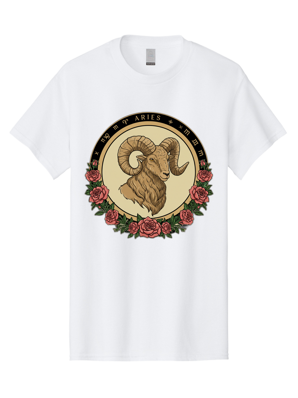 Aries Men'S Graphic Tee, 100% Cotton, Comfortable Casual Summer Wear, Machine Washable, Ram Illustration, Aries Zodiac Sign, Astrology Symbol, Roses, Floral Design, Horoscope, Mystical, Esoteric Art, Zodiac Wheel, Astrological Sign Bae121