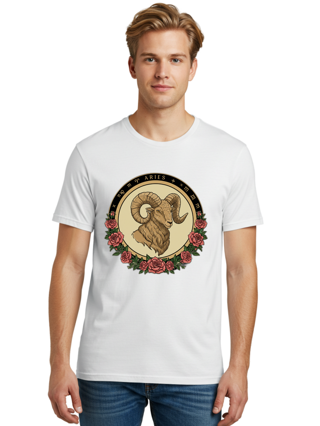 Aries Men'S Graphic Tee, 100% Cotton, Comfortable Casual Summer Wear, Machine Washable, Ram Illustration, Aries Zodiac Sign, Astrology Symbol, Roses, Floral Design, Horoscope, Mystical, Esoteric Art, Zodiac Wheel, Astrological Sign Bae121