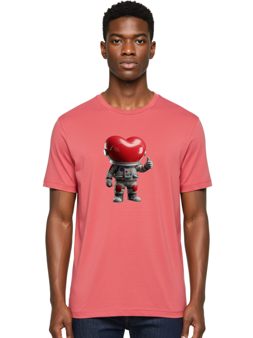 Astronaut-Heart Men'S Graphic Tee, 100% Cotton, Comfortable Casual Summer Wear, Machine Washable, Astronaut With Heart-Shaped Helmet, Thumbs Up Gesture, Space Suit, Futuristic Design, Red And Gray Colors, Love In Space, Positivity, Approval Bae122
