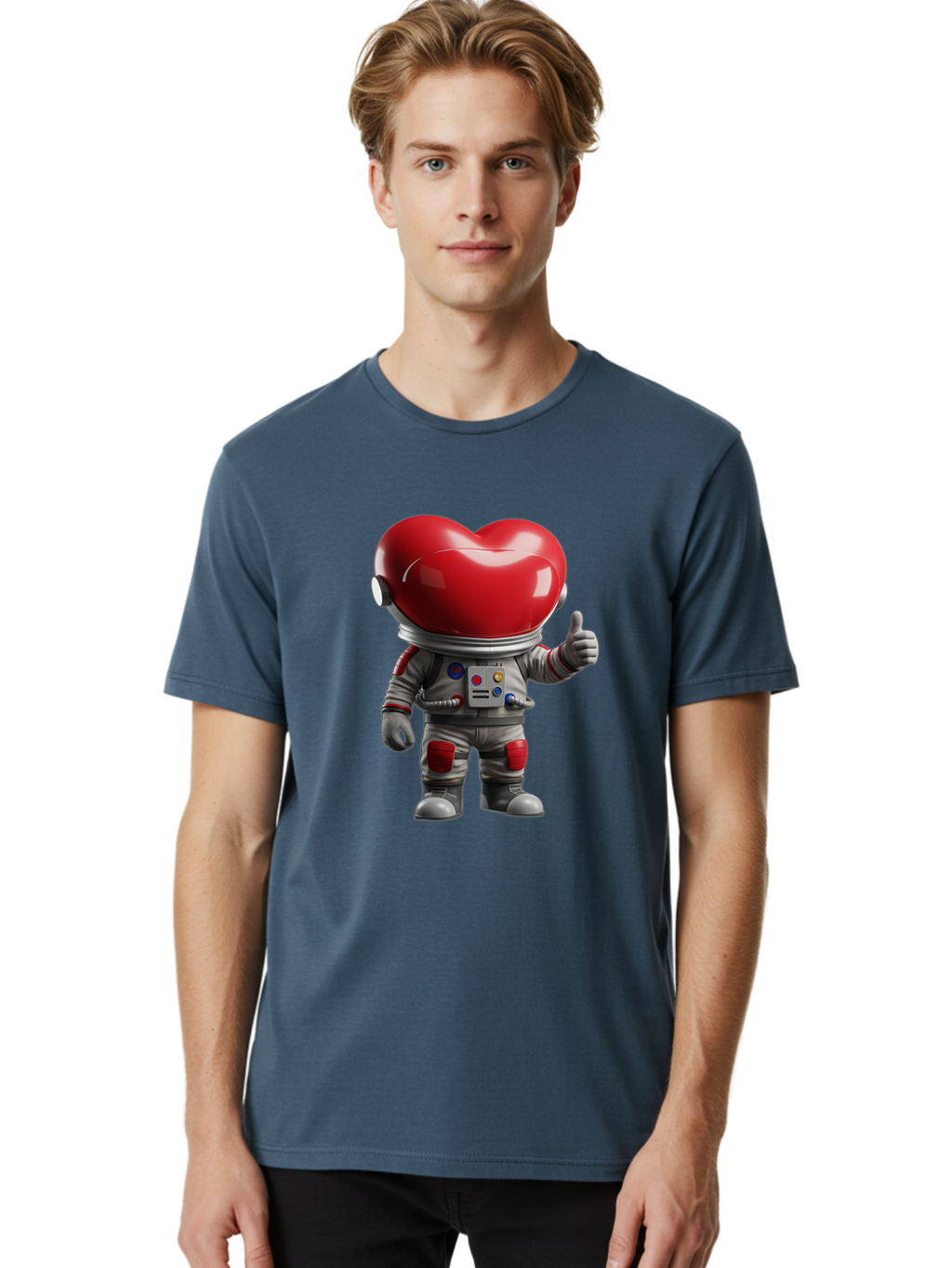 Astronaut-Heart Men'S Graphic Tee, 100% Cotton, Comfortable Casual Summer Wear, Machine Washable, Astronaut With Heart-Shaped Helmet, Thumbs Up Gesture, Space Suit, Futuristic Design, Red And Gray Colors, Love In Space, Positivity, Approval Bae122