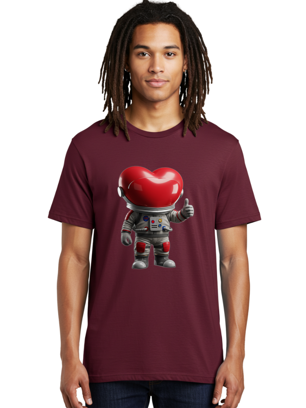 Astronaut-Heart Men'S Graphic Tee, 100% Cotton, Comfortable Casual Summer Wear, Machine Washable, Astronaut With Heart-Shaped Helmet, Thumbs Up Gesture, Space Suit, Futuristic Design, Red And Gray Colors, Love In Space, Positivity, Approval Bae122