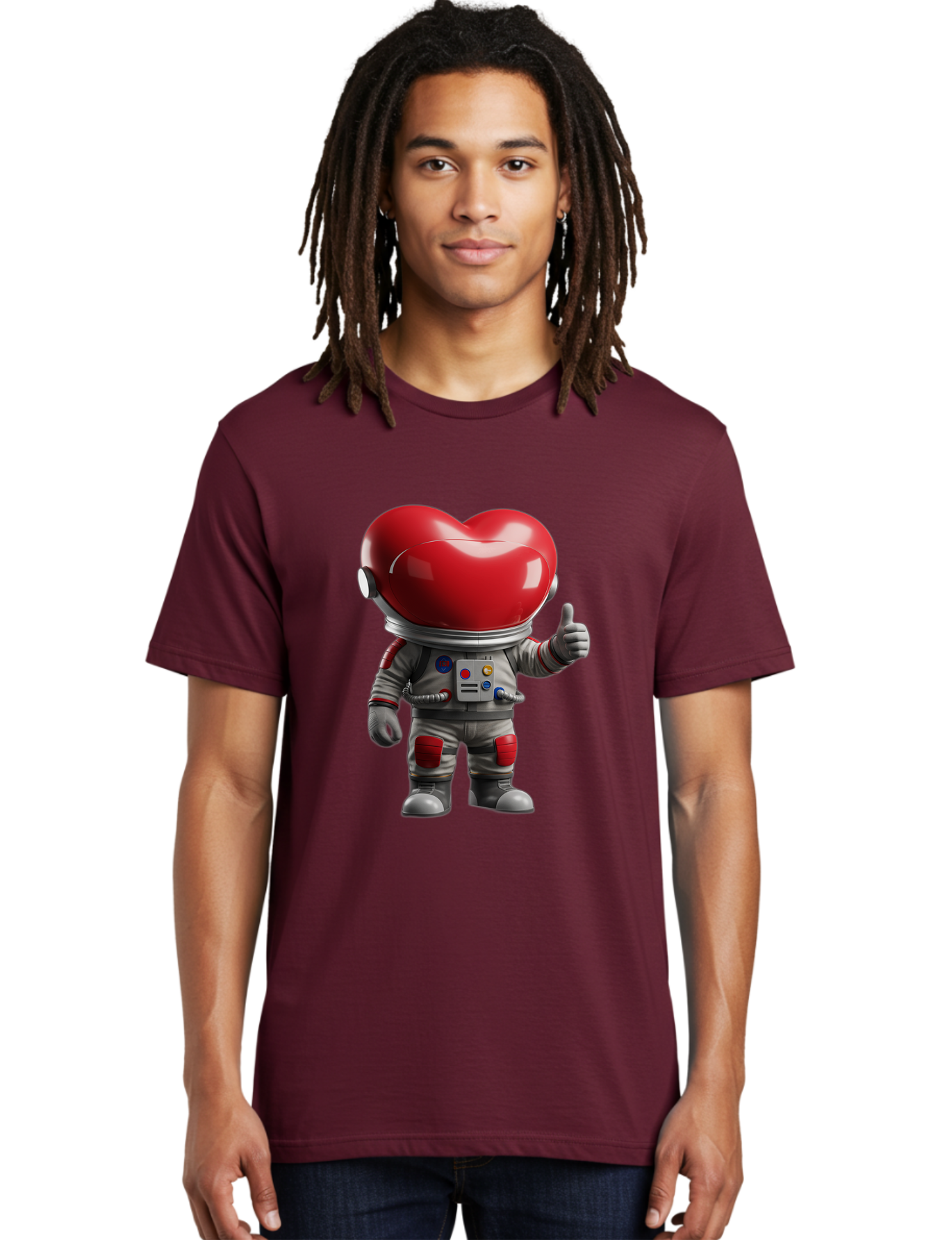 Astronaut-Heart Men'S Graphic Tee, 100% Cotton, Comfortable Casual Summer Wear, Machine Washable, Astronaut With Heart-Shaped Helmet, Thumbs Up Gesture, Space Suit, Futuristic Design, Red And Gray Colors, Love In Space, Positivity, Approval Bae122