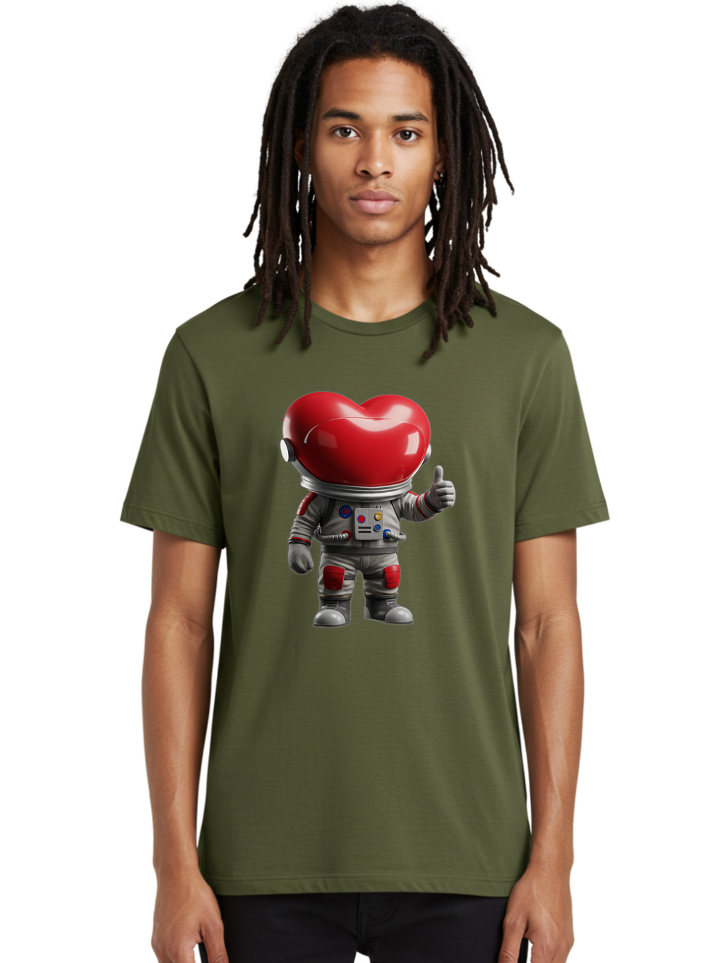 Astronaut-Heart Men'S Graphic Tee, 100% Cotton, Comfortable Casual Summer Wear, Machine Washable, Astronaut With Heart-Shaped Helmet, Thumbs Up Gesture, Space Suit, Futuristic Design, Red And Gray Colors, Love In Space, Positivity, Approval Bae122