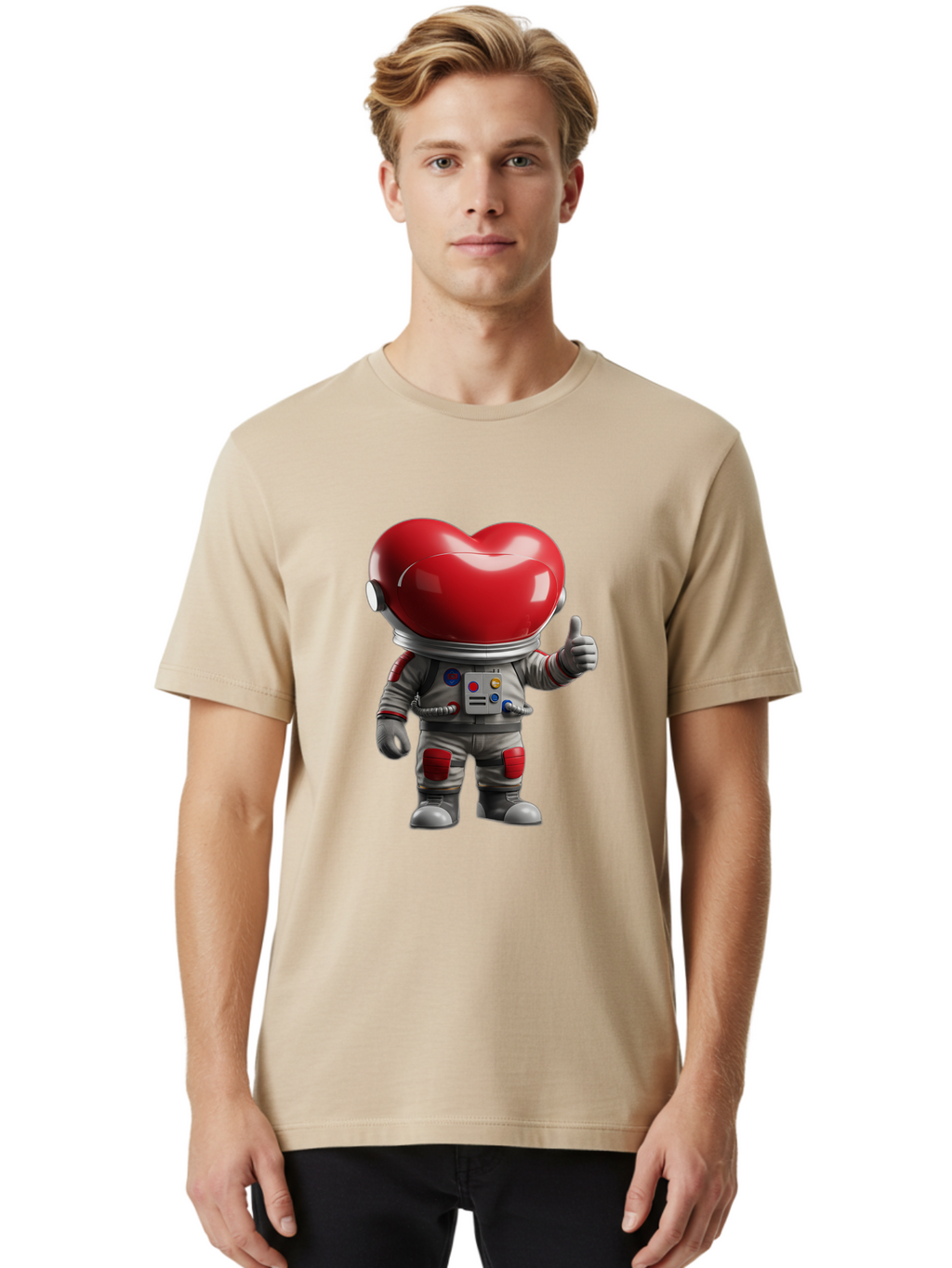 Astronaut-Heart Men'S Graphic Tee, 100% Cotton, Comfortable Casual Summer Wear, Machine Washable, Astronaut With Heart-Shaped Helmet, Thumbs Up Gesture, Space Suit, Futuristic Design, Red And Gray Colors, Love In Space, Positivity, Approval Bae122