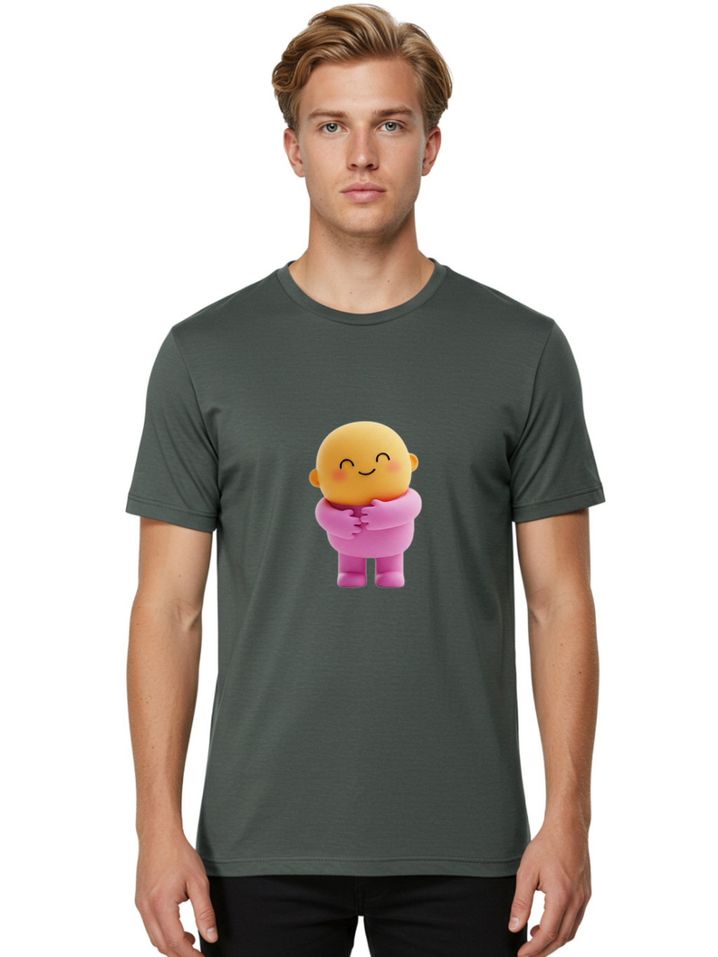 Baby-Figurine Men'S Graphic Tee, 100% Cotton, Comfortable Casual Summer Wear, Machine Washable, Cute Cartoon Character, Smiling Face, Pink Outfit, Hugging Self, Adorable Illustration, Kawaii Art, Lovable Persona, Childlike Charm Bae123