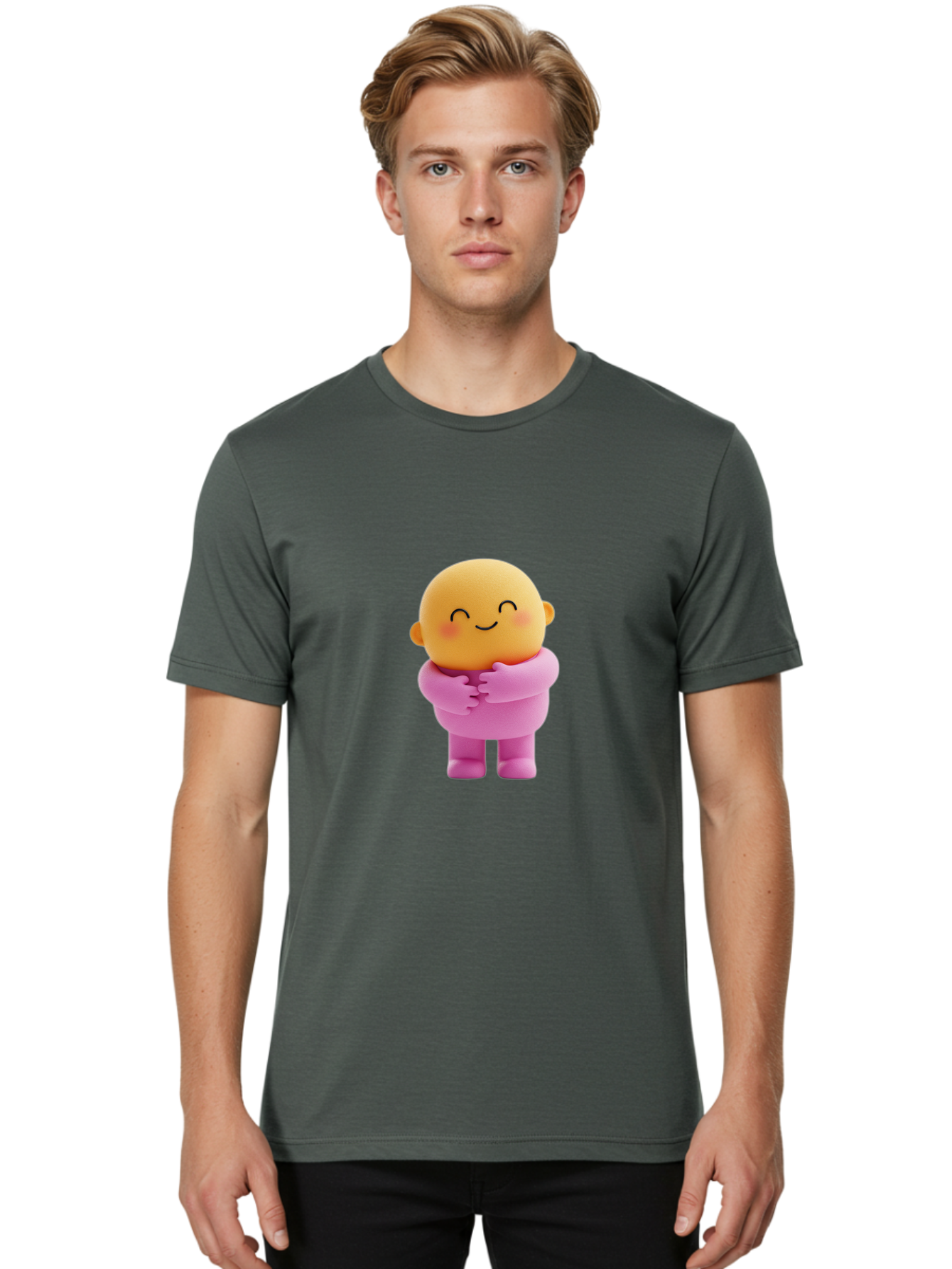 Baby-Figurine Men'S Graphic Tee, 100% Cotton, Comfortable Casual Summer Wear, Machine Washable, Cute Cartoon Character, Smiling Face, Pink Outfit, Hugging Self, Adorable Illustration, Kawaii Art, Lovable Persona, Childlike Charm Bae123