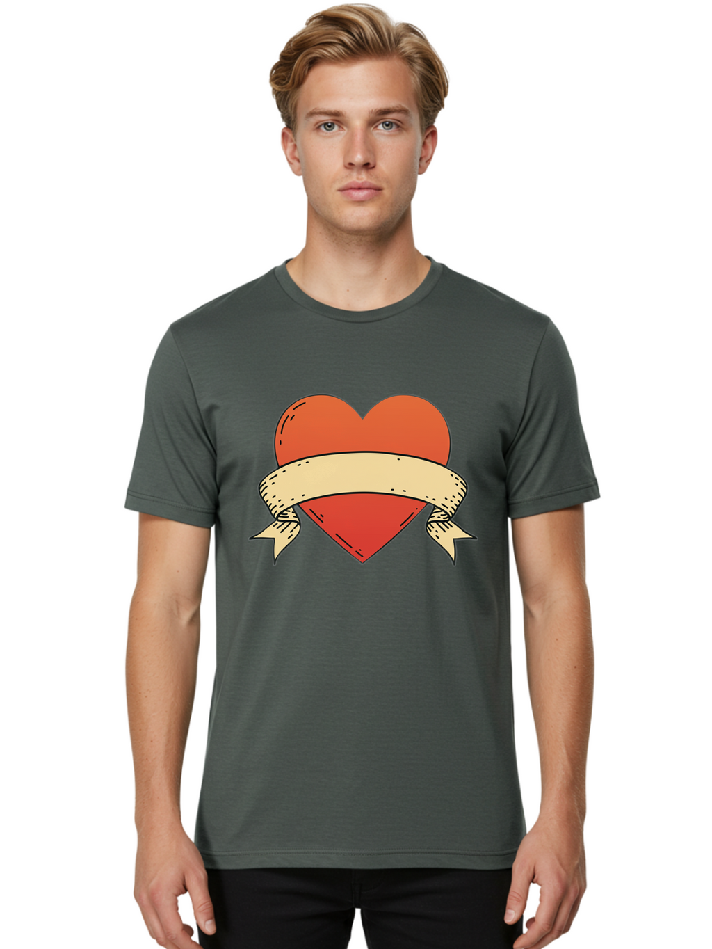 Banner-Heart Men'S Graphic Tee, 100% Cotton, Comfortable Casual Summer Wear, Machine Washable, Red Heart, Banner Wrapped, Tattoo Art, Cartoon Style, Heart Symbol, Ribbon Design, Classic Illustration, Love Emblem Bae124