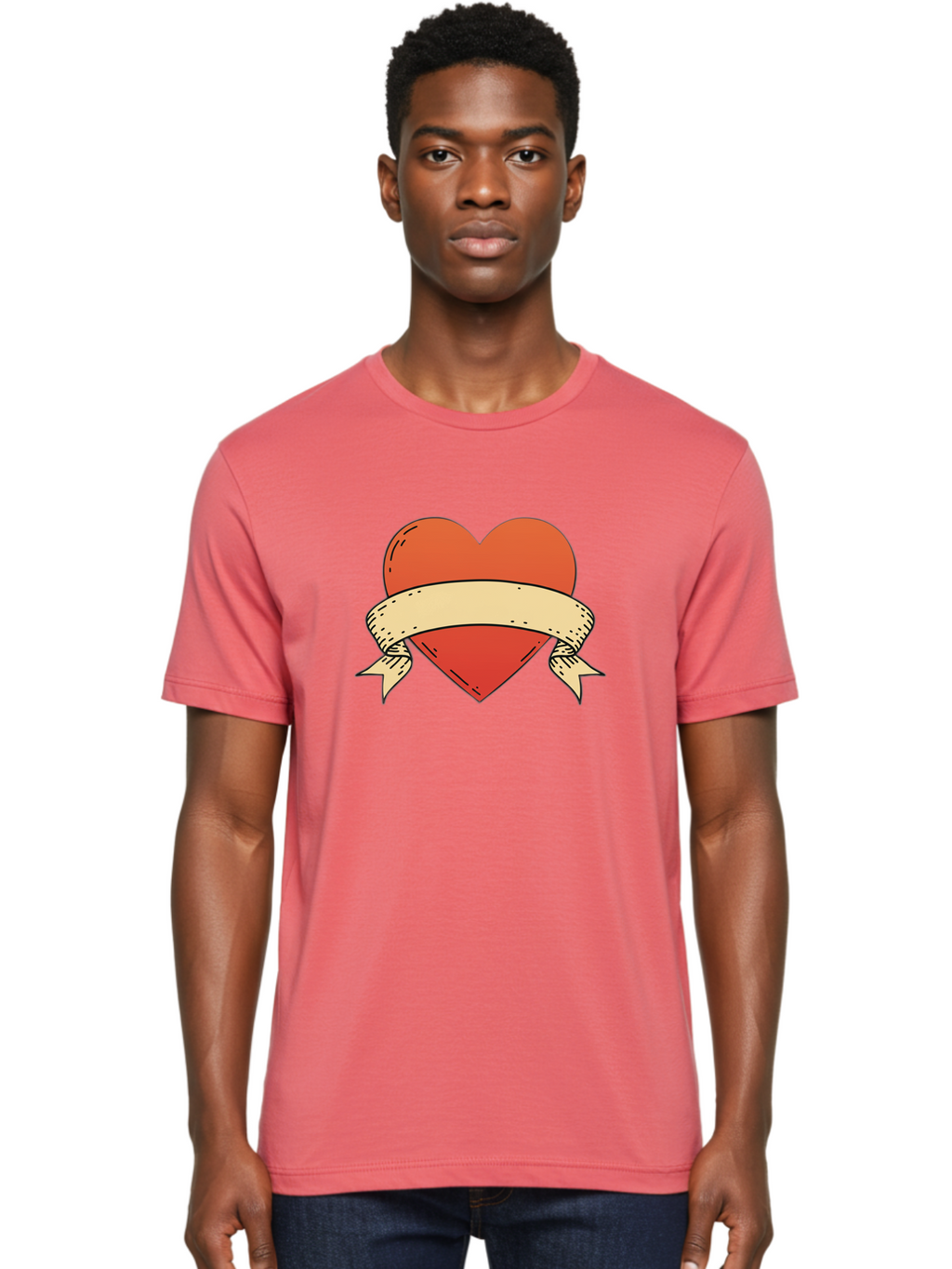 Banner-Heart Men'S Graphic Tee, 100% Cotton, Comfortable Casual Summer Wear, Machine Washable, Red Heart, Banner Wrapped, Tattoo Art, Cartoon Style, Heart Symbol, Ribbon Design, Classic Illustration, Love Emblem Bae124