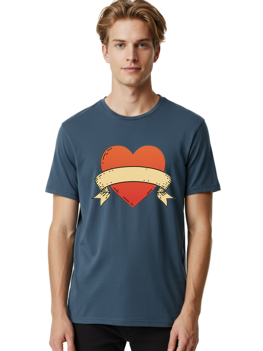 Banner-Heart Men'S Graphic Tee, 100% Cotton, Comfortable Casual Summer Wear, Machine Washable, Red Heart, Banner Wrapped, Tattoo Art, Cartoon Style, Heart Symbol, Ribbon Design, Classic Illustration, Love Emblem Bae124