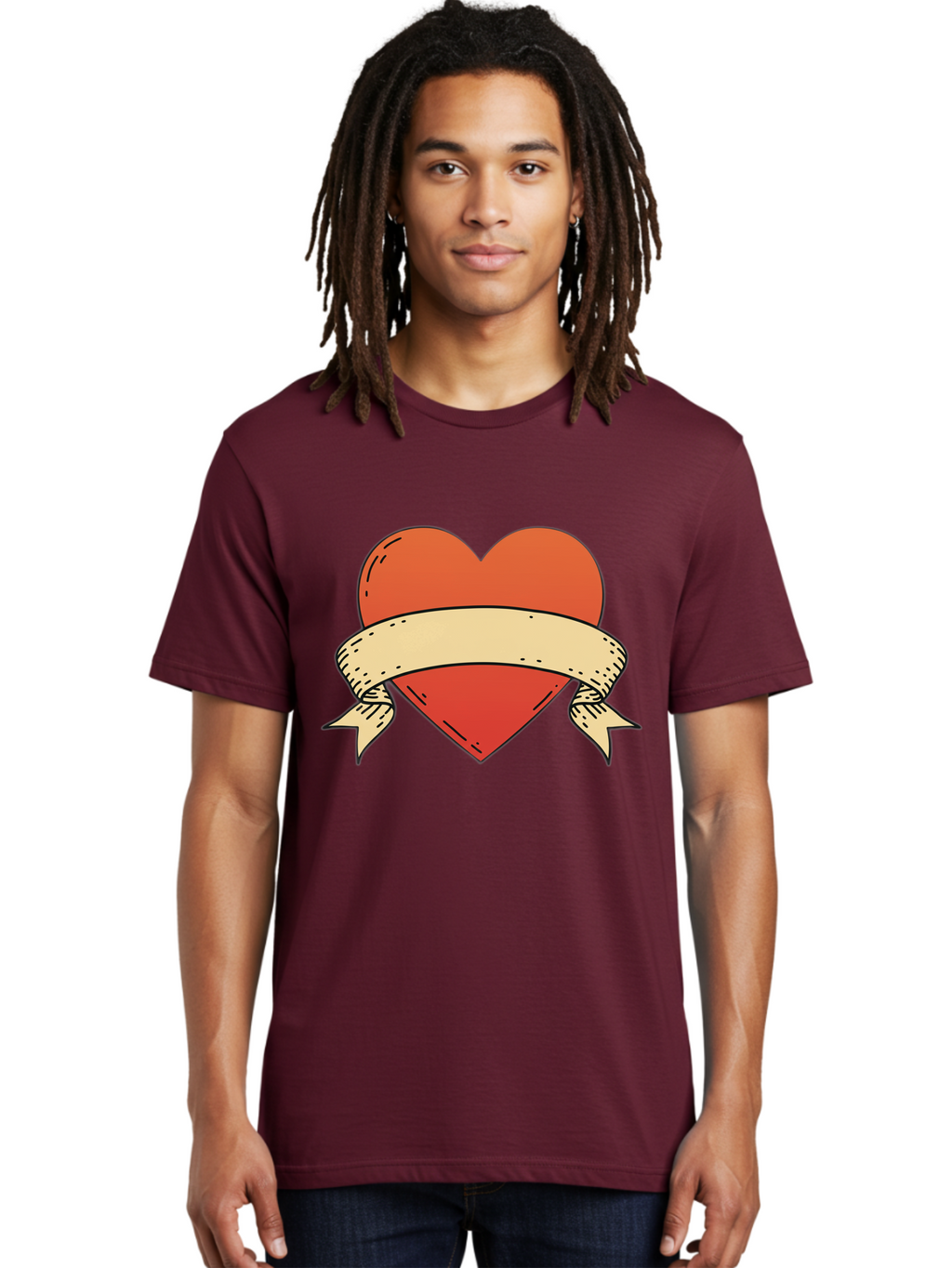 Banner-Heart Men'S Graphic Tee, 100% Cotton, Comfortable Casual Summer Wear, Machine Washable, Red Heart, Banner Wrapped, Tattoo Art, Cartoon Style, Heart Symbol, Ribbon Design, Classic Illustration, Love Emblem Bae124