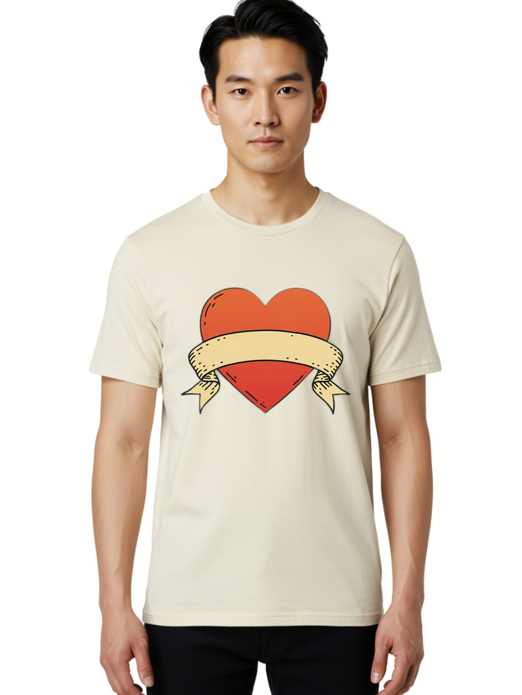 Banner-Heart Men'S Graphic Tee, 100% Cotton, Comfortable Casual Summer Wear, Machine Washable, Red Heart, Banner Wrapped, Tattoo Art, Cartoon Style, Heart Symbol, Ribbon Design, Classic Illustration, Love Emblem Bae124