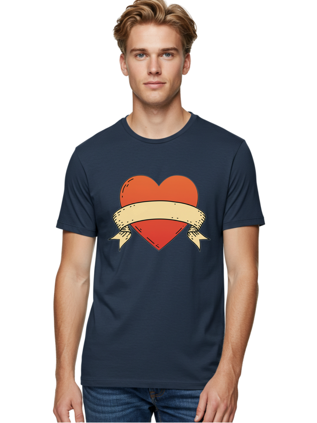 Banner-Heart Men'S Graphic Tee, 100% Cotton, Comfortable Casual Summer Wear, Machine Washable, Red Heart, Banner Wrapped, Tattoo Art, Cartoon Style, Heart Symbol, Ribbon Design, Classic Illustration, Love Emblem Bae124