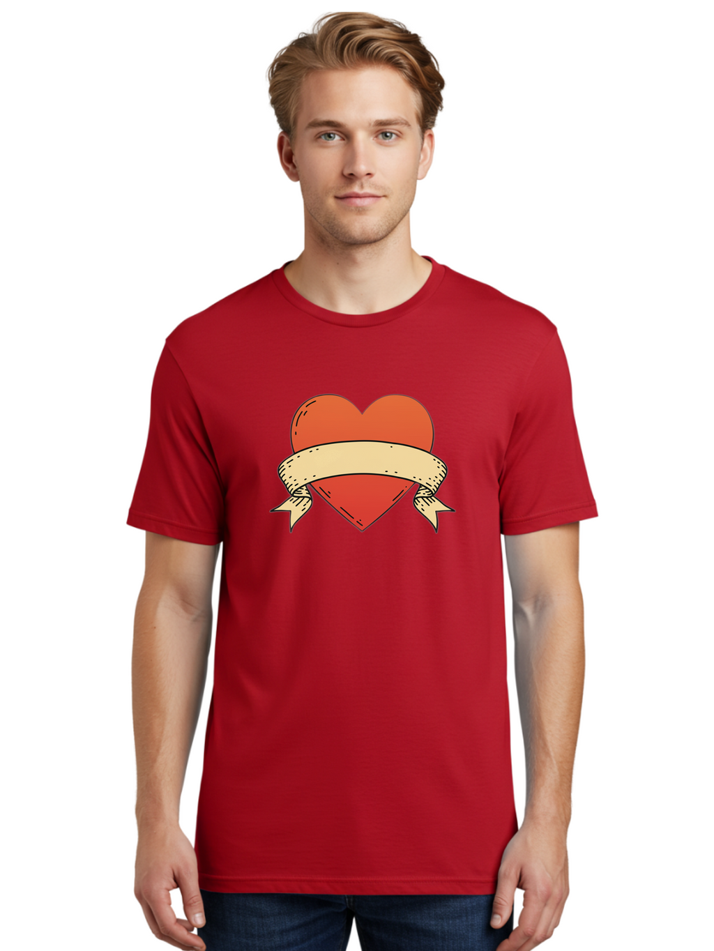 Banner-Heart Men'S Graphic Tee, 100% Cotton, Comfortable Casual Summer Wear, Machine Washable, Red Heart, Banner Wrapped, Tattoo Art, Cartoon Style, Heart Symbol, Ribbon Design, Classic Illustration, Love Emblem Bae124