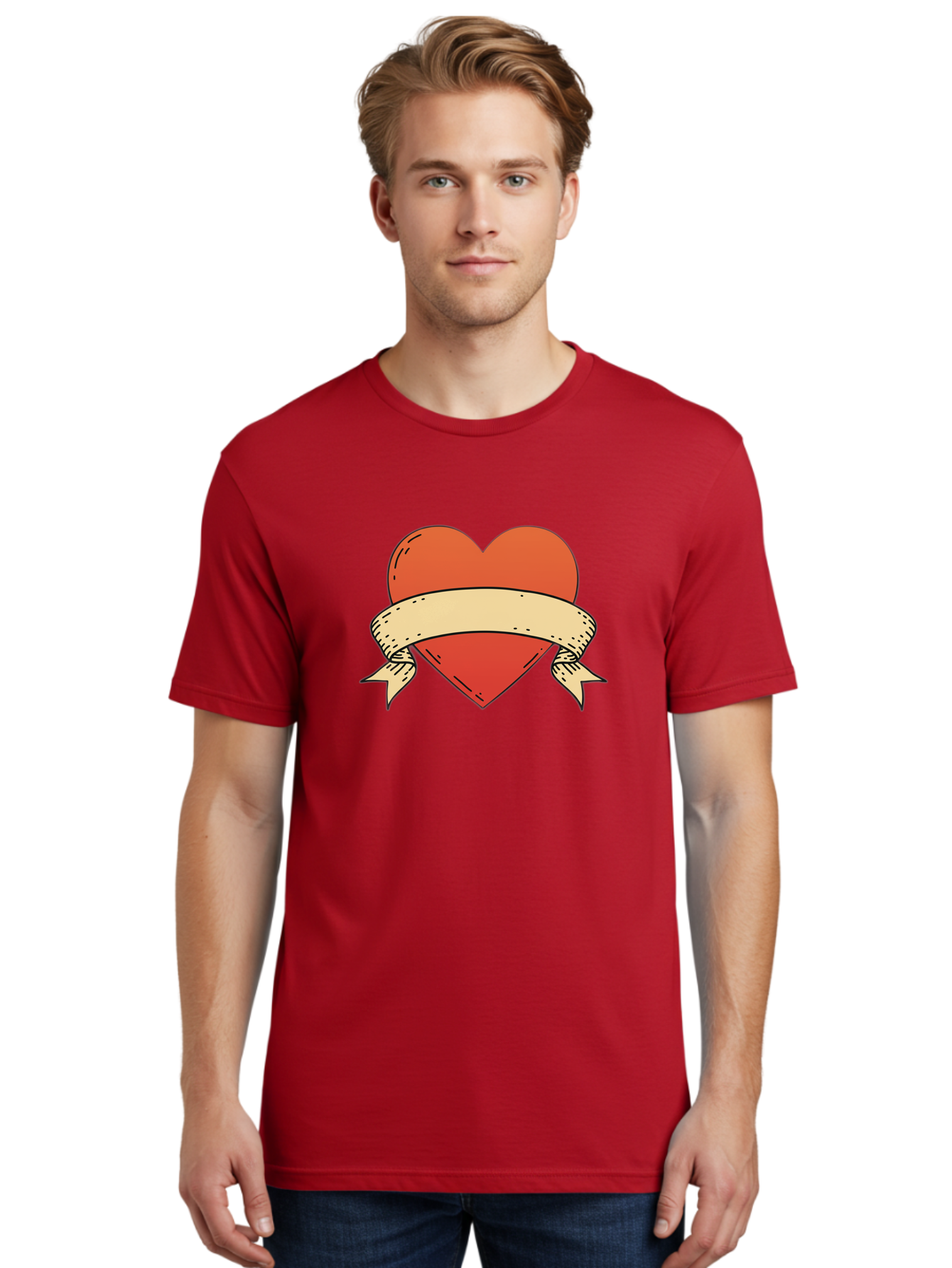 Banner-Heart Men'S Graphic Tee, 100% Cotton, Comfortable Casual Summer Wear, Machine Washable, Red Heart, Banner Wrapped, Tattoo Art, Cartoon Style, Heart Symbol, Ribbon Design, Classic Illustration, Love Emblem Bae124
