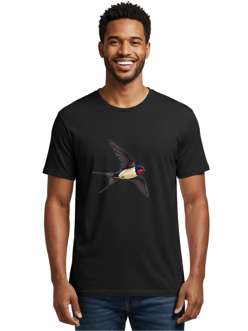 Barn-Swallow Men'S Graphic Tee, 100% Cotton, Comfortable Casual Summer Wear, Machine Washable, Swallow Bird In Flight, Bird Flying, Wings Spread, Colorful Plumage, Red Face, Blue Head, White Belly, Black Wings, Wildlife, Nature Graphics, Bae125