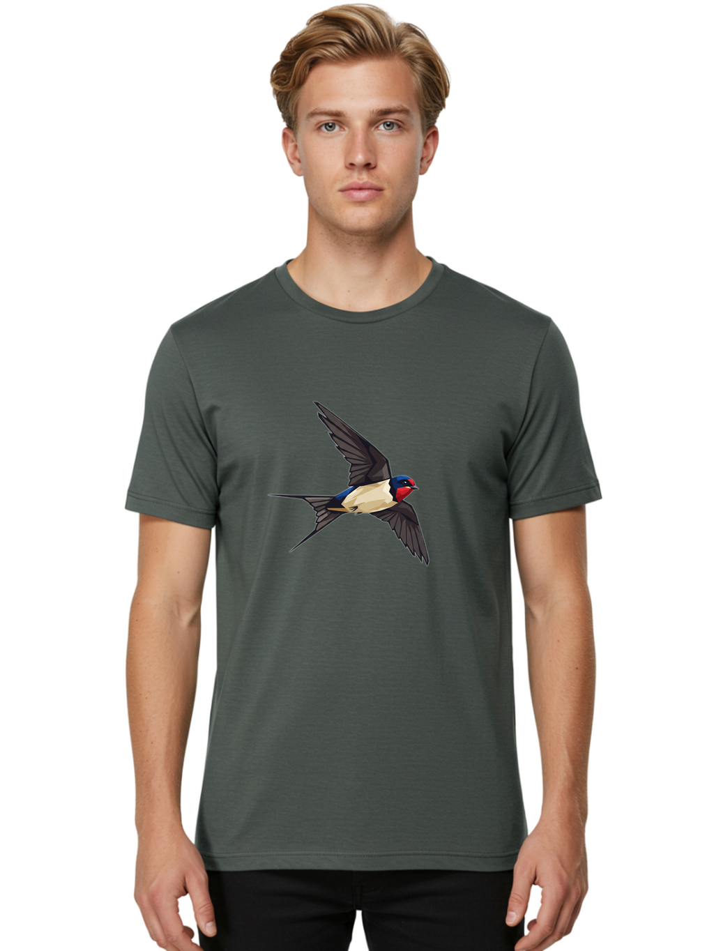 Barn-Swallow Men'S Graphic Tee, 100% Cotton, Comfortable Casual Summer Wear, Machine Washable, Swallow Bird In Flight, Bird Flying, Wings Spread, Colorful Plumage, Red Face, Blue Head, White Belly, Black Wings, Wildlife, Nature Graphics, Bae125