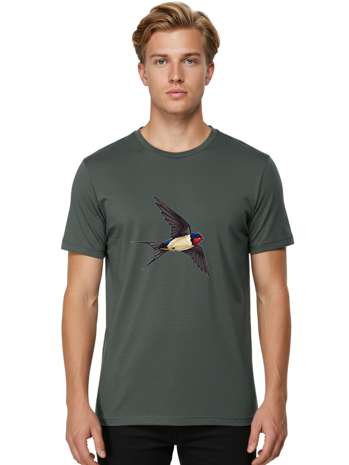 Barn-Swallow Men'S Graphic Tee, 100% Cotton, Comfortable Casual Summer Wear, Machine Washable, Swallow Bird In Flight, Bird Flying, Wings Spread, Colorful Plumage, Red Face, Blue Head, White Belly, Black Wings, Wildlife, Nature Graphics, Bae125