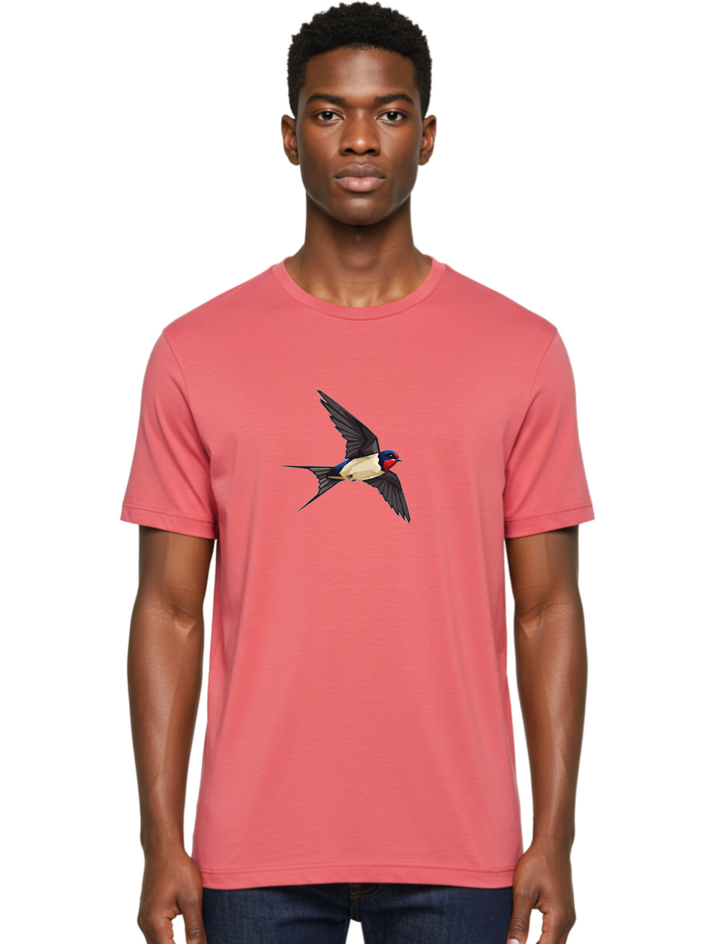 Barn-Swallow Men'S Graphic Tee, 100% Cotton, Comfortable Casual Summer Wear, Machine Washable, Swallow Bird In Flight, Bird Flying, Wings Spread, Colorful Plumage, Red Face, Blue Head, White Belly, Black Wings, Wildlife, Nature Graphics, Bae125