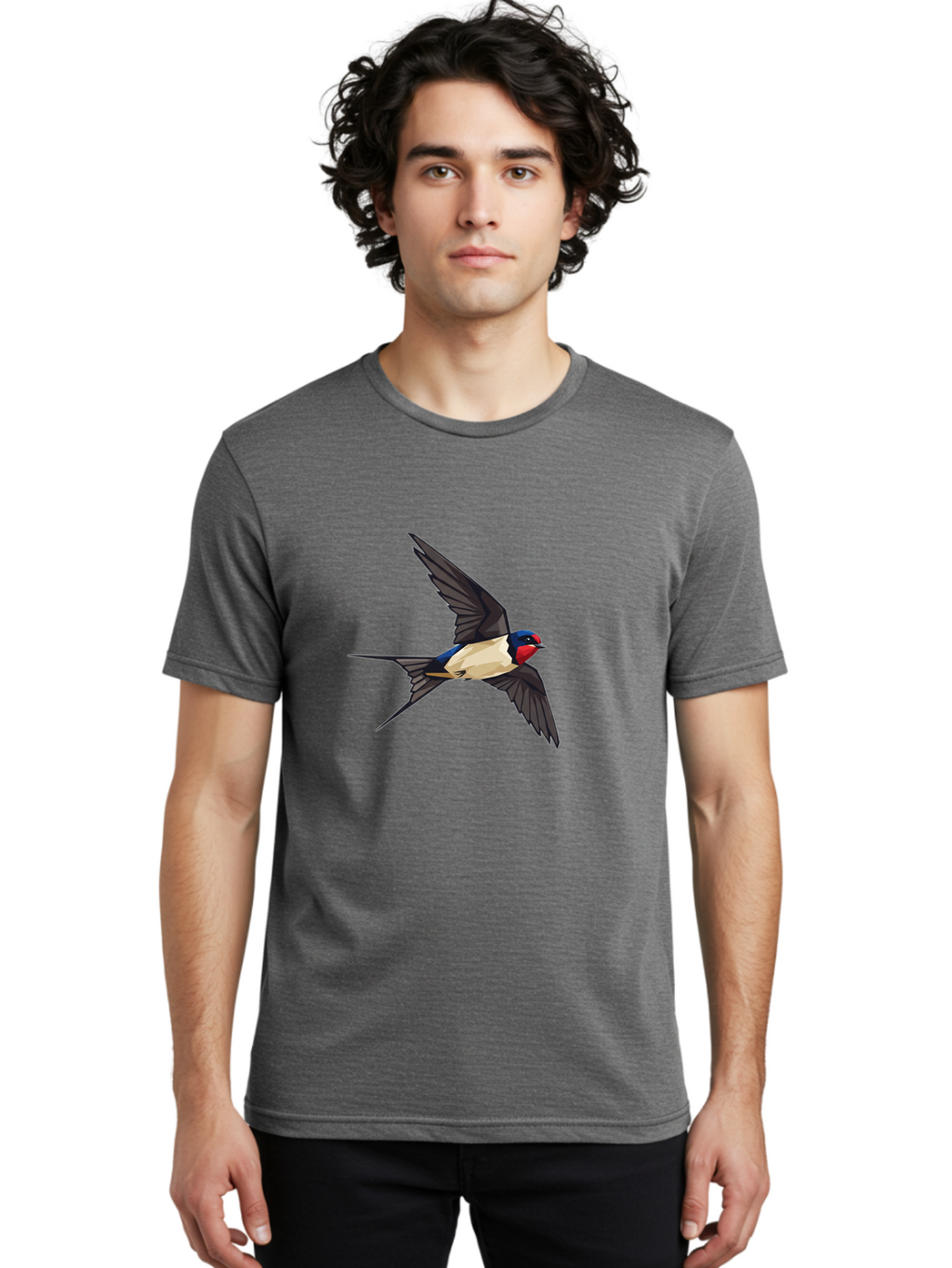 Barn-Swallow Men'S Graphic Tee, 100% Cotton, Comfortable Casual Summer Wear, Machine Washable, Swallow Bird In Flight, Bird Flying, Wings Spread, Colorful Plumage, Red Face, Blue Head, White Belly, Black Wings, Wildlife, Nature Graphics, Bae125