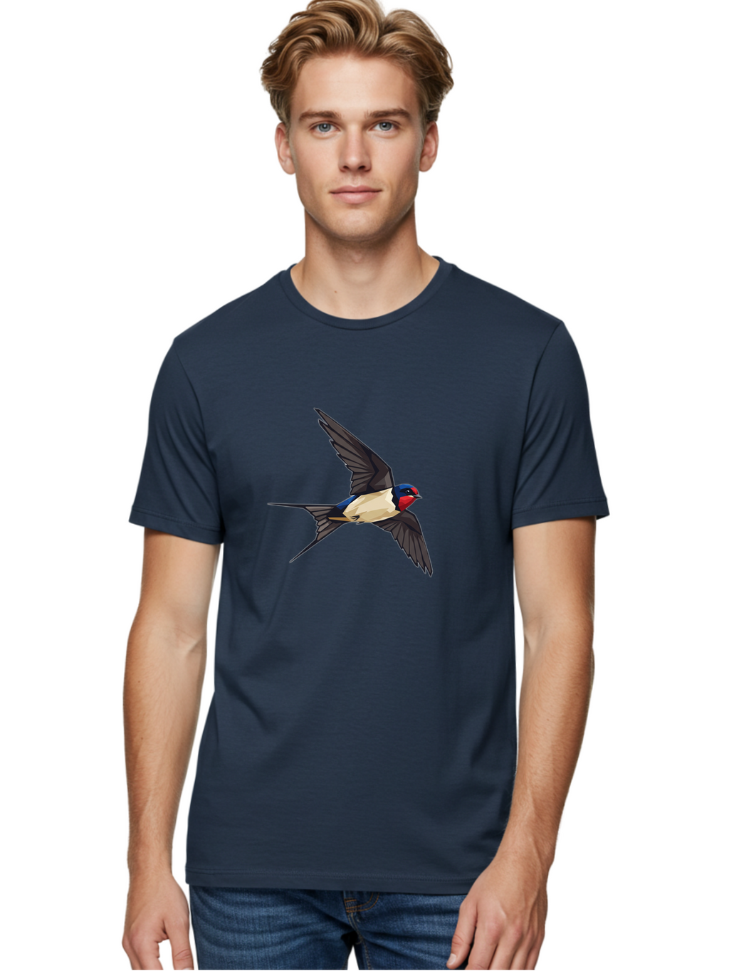 Barn-Swallow Men'S Graphic Tee, 100% Cotton, Comfortable Casual Summer Wear, Machine Washable, Swallow Bird In Flight, Bird Flying, Wings Spread, Colorful Plumage, Red Face, Blue Head, White Belly, Black Wings, Wildlife, Nature Graphics, Bae125