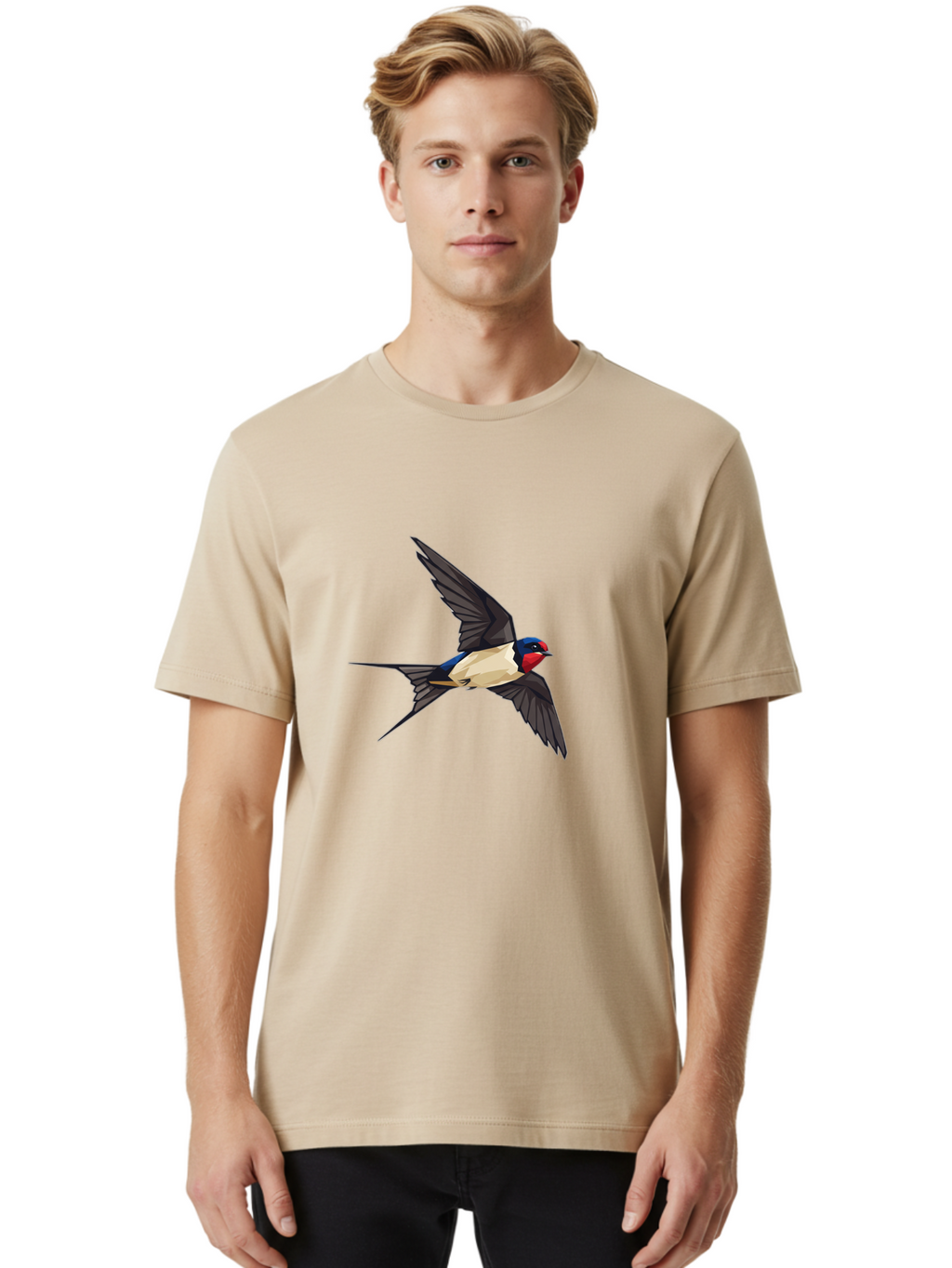 Barn-Swallow Men'S Graphic Tee, 100% Cotton, Comfortable Casual Summer Wear, Machine Washable, Swallow Bird In Flight, Bird Flying, Wings Spread, Colorful Plumage, Red Face, Blue Head, White Belly, Black Wings, Wildlife, Nature Graphics, Bae125