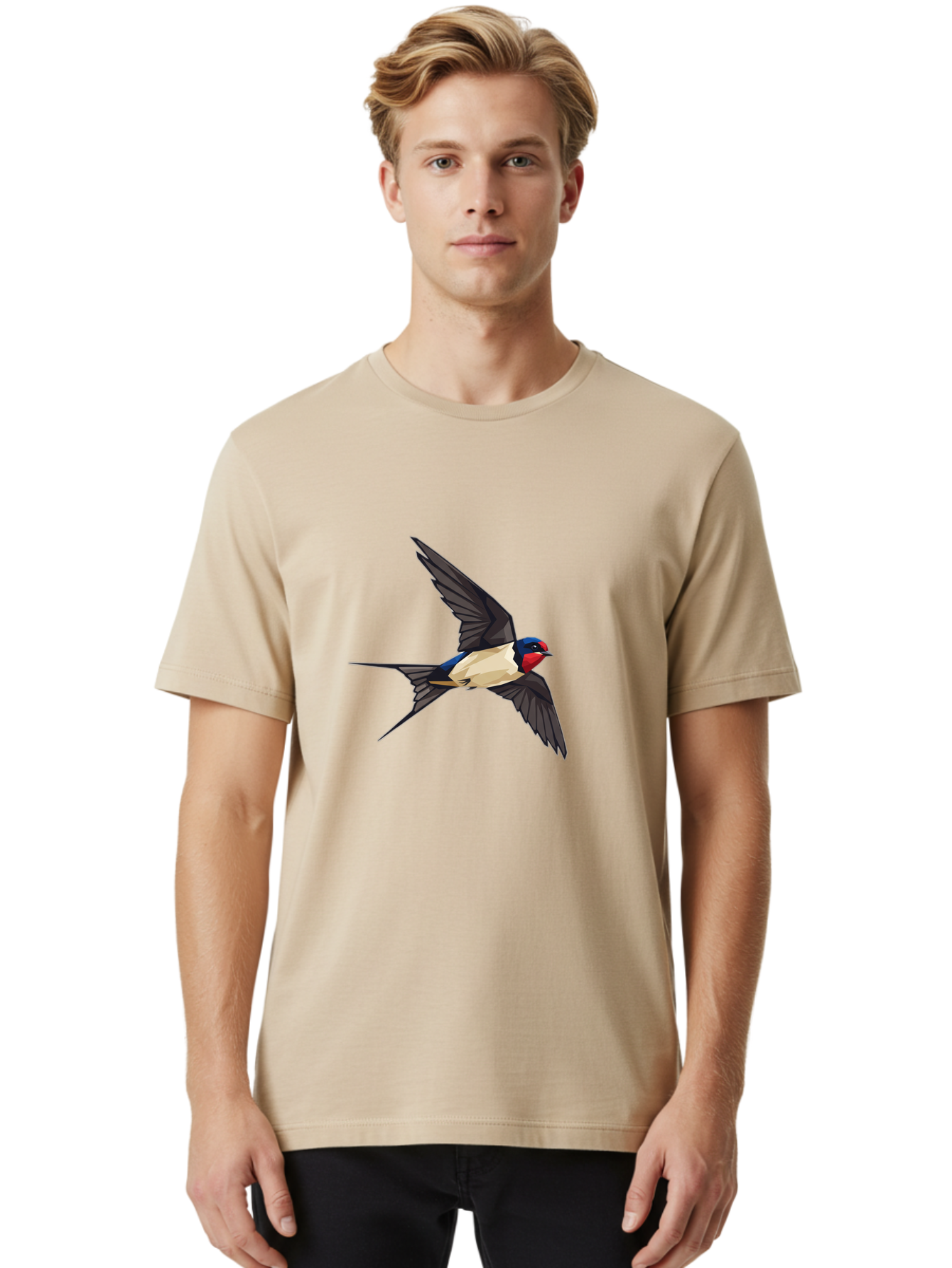 Barn-Swallow Men'S Graphic Tee, 100% Cotton, Comfortable Casual Summer Wear, Machine Washable, Swallow Bird In Flight, Bird Flying, Wings Spread, Colorful Plumage, Red Face, Blue Head, White Belly, Black Wings, Wildlife, Nature Graphics, Bae125