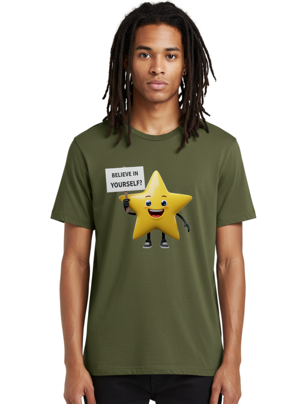Believe-In-Yourself-1 Men'S Graphic Tee, 100% Cotton, Comfortable Casual Summer Wear, Machine Washable, Motivational Star, Believe In Yourself, Inspirational Quote, Positive Message, Cartoon Character, Happy Emotions, Confidence Booster, Bae126