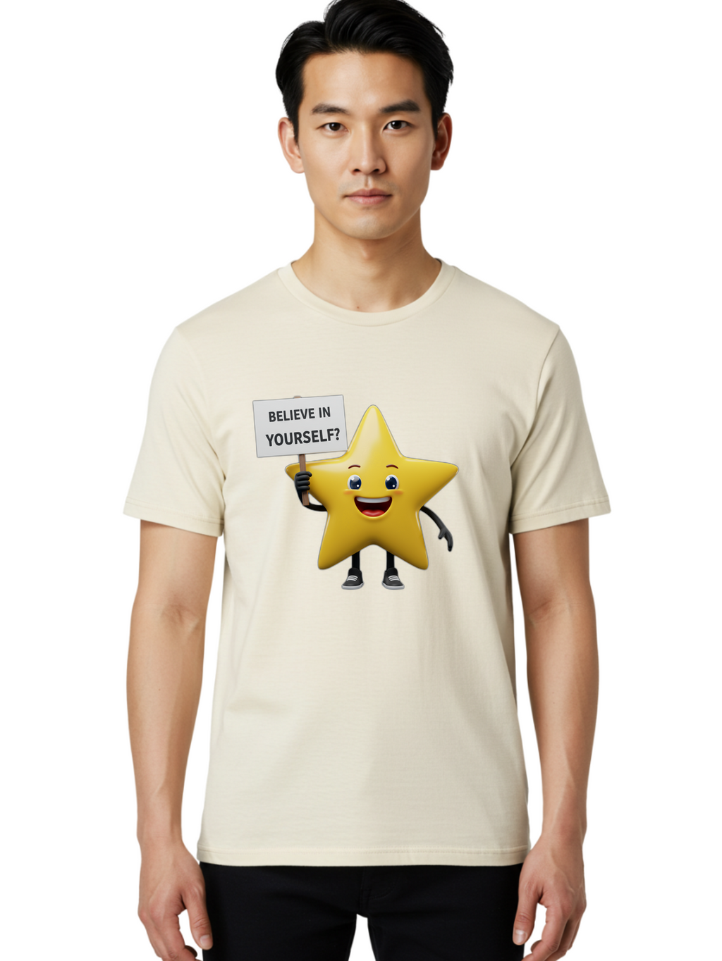 Believe-In-Yourself-1 Men'S Graphic Tee, 100% Cotton, Comfortable Casual Summer Wear, Machine Washable, Motivational Star, Believe In Yourself, Inspirational Quote, Positive Message, Cartoon Character, Happy Emotions, Confidence Booster, Bae126