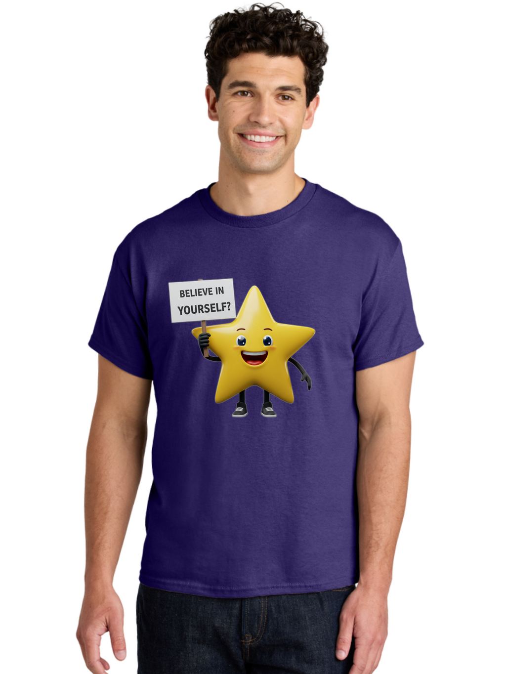 Believe-In-Yourself-1 Men'S Graphic Tee, 100% Cotton, Comfortable Casual Summer Wear, Machine Washable, Motivational Star, Believe In Yourself, Inspirational Quote, Positive Message, Cartoon Character, Happy Emotions, Confidence Booster, Bae126