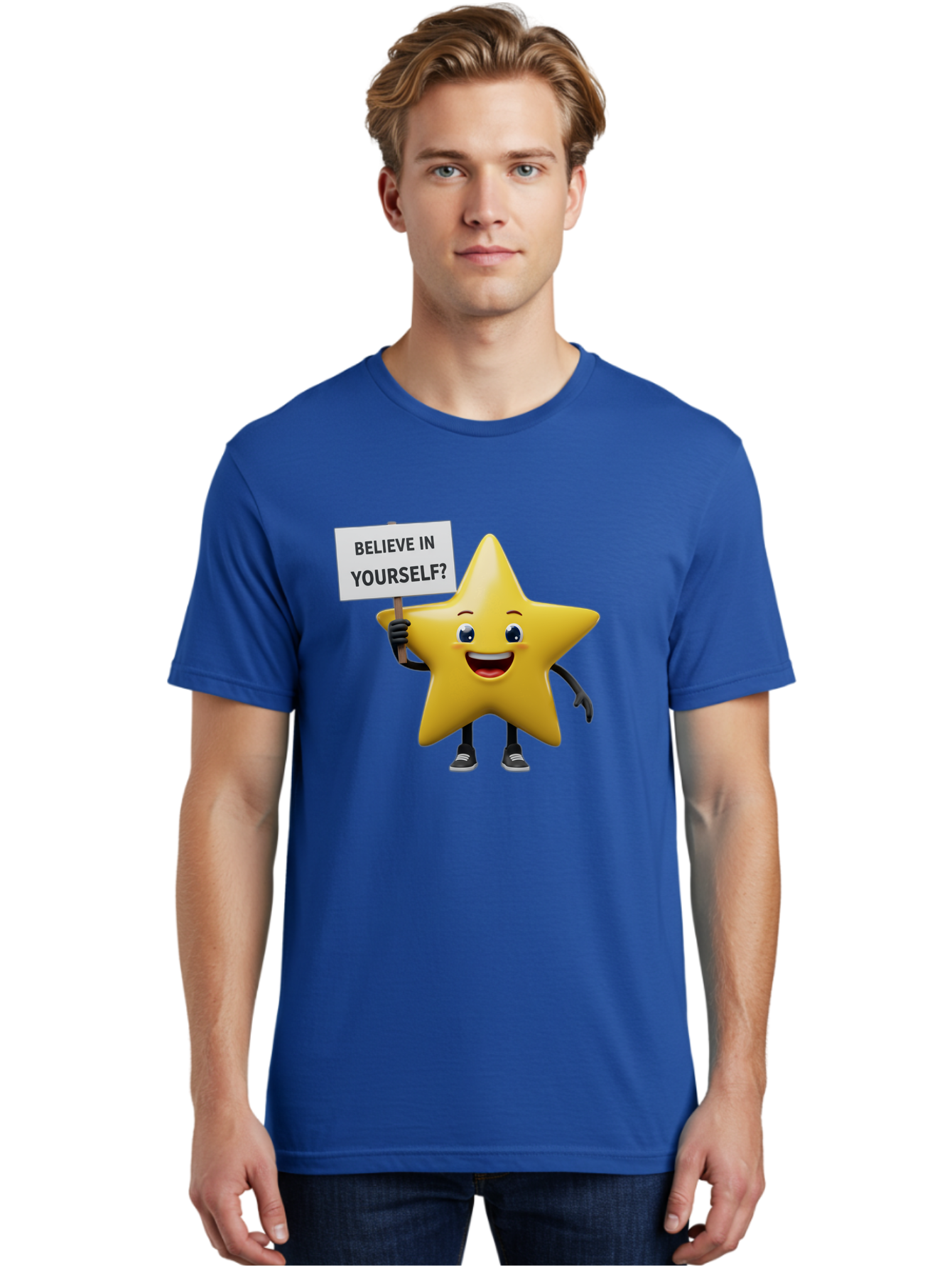 Believe-In-Yourself-1 Men'S Graphic Tee, 100% Cotton, Comfortable Casual Summer Wear, Machine Washable, Motivational Star, Believe In Yourself, Inspirational Quote, Positive Message, Cartoon Character, Happy Emotions, Confidence Booster, Bae126