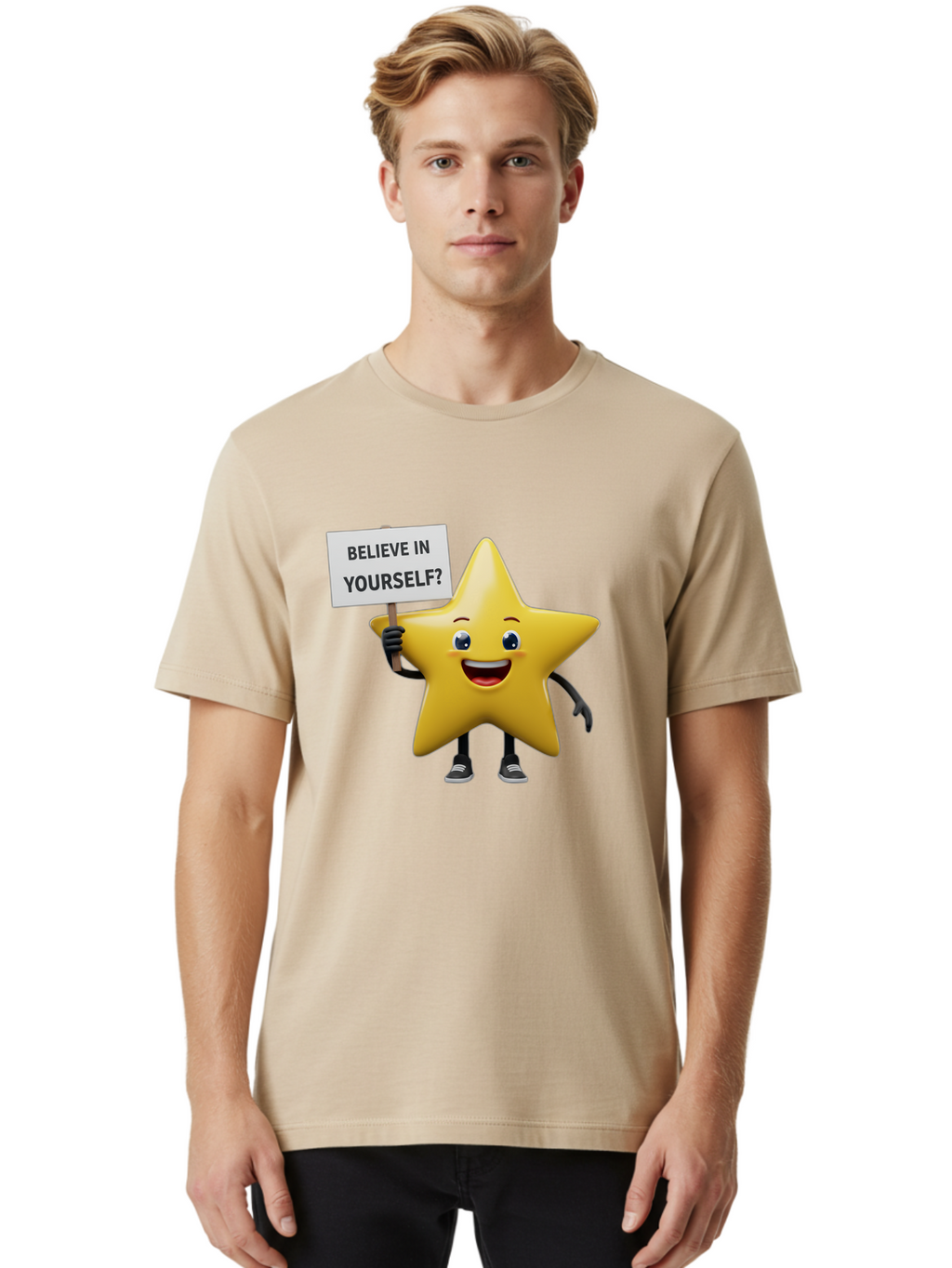 Believe-In-Yourself-1 Men'S Graphic Tee, 100% Cotton, Comfortable Casual Summer Wear, Machine Washable, Motivational Star, Believe In Yourself, Inspirational Quote, Positive Message, Cartoon Character, Happy Emotions, Confidence Booster, Bae126