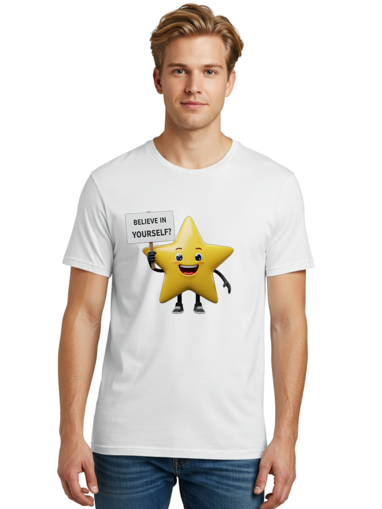 Believe-In-Yourself-1 Men'S Graphic Tee, 100% Cotton, Comfortable Casual Summer Wear, Machine Washable, Motivational Star, Believe In Yourself, Inspirational Quote, Positive Message, Cartoon Character, Happy Emotions, Confidence Booster, Bae126