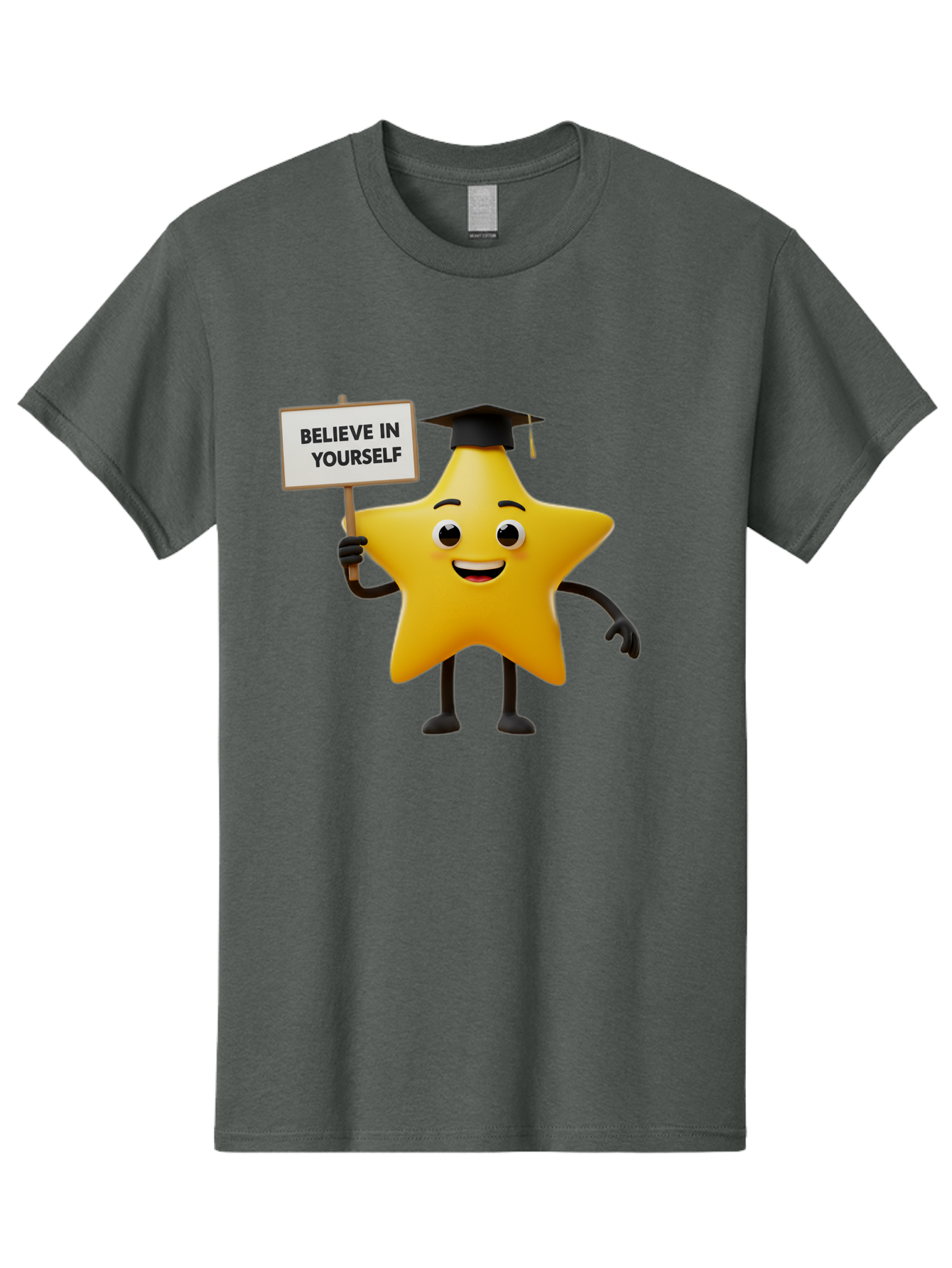 Believe-In-Yourself-10 Men'S Graphic Tee, 100% Cotton, Comfortable Casual Summer Wear, Machine Washable, Motivational Star, Inspirational Quote, Graduation Cap, Self-Confidence, Positivity, Encouragement, Yellow Star Character, Bae127