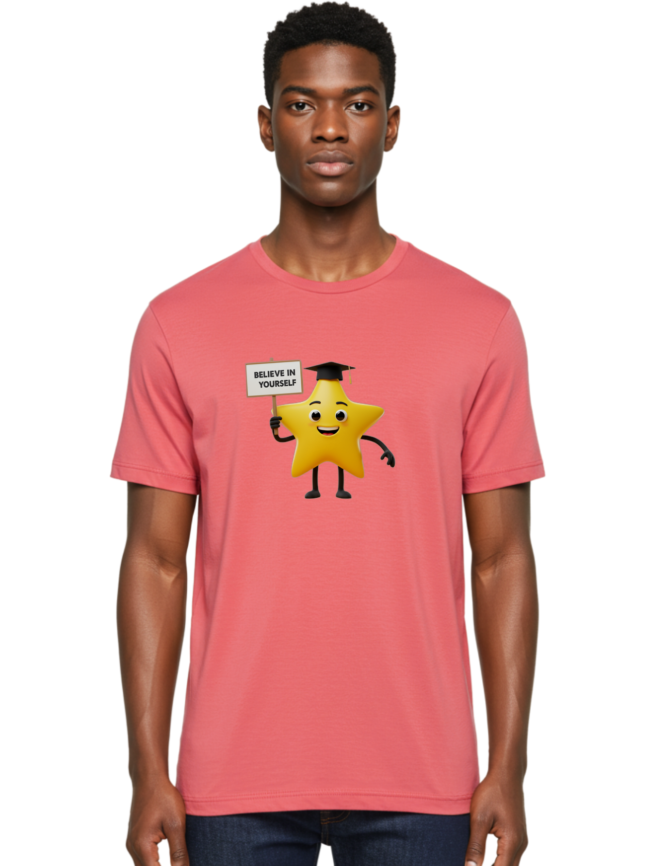 Believe-In-Yourself-10 Men'S Graphic Tee, 100% Cotton, Comfortable Casual Summer Wear, Machine Washable, Motivational Star, Inspirational Quote, Graduation Cap, Self-Confidence, Positivity, Encouragement, Yellow Star Character, Bae127