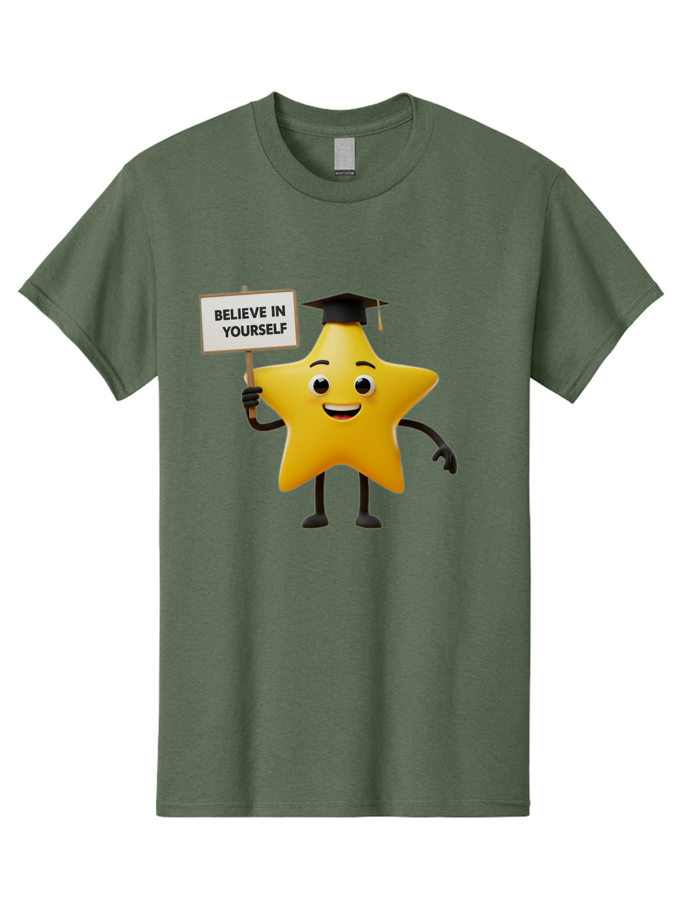 Believe-In-Yourself-10 Men'S Graphic Tee, 100% Cotton, Comfortable Casual Summer Wear, Machine Washable, Motivational Star, Inspirational Quote, Graduation Cap, Self-Confidence, Positivity, Encouragement, Yellow Star Character, Bae127