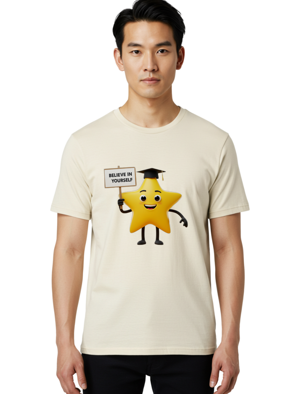 Believe-In-Yourself-10 Men'S Graphic Tee, 100% Cotton, Comfortable Casual Summer Wear, Machine Washable, Motivational Star, Inspirational Quote, Graduation Cap, Self-Confidence, Positivity, Encouragement, Yellow Star Character, Bae127