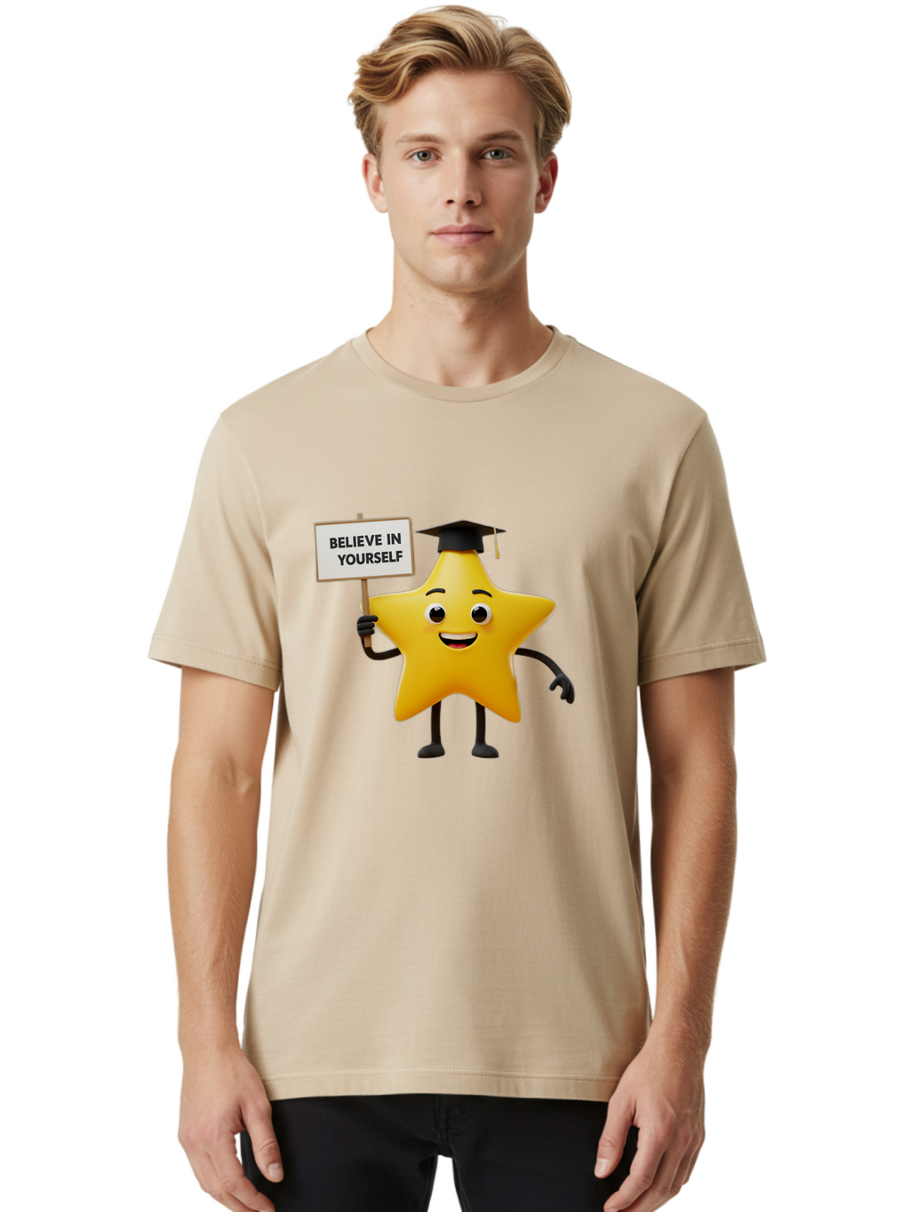 Believe-In-Yourself-10 Men'S Graphic Tee, 100% Cotton, Comfortable Casual Summer Wear, Machine Washable, Motivational Star, Inspirational Quote, Graduation Cap, Self-Confidence, Positivity, Encouragement, Yellow Star Character, Bae127