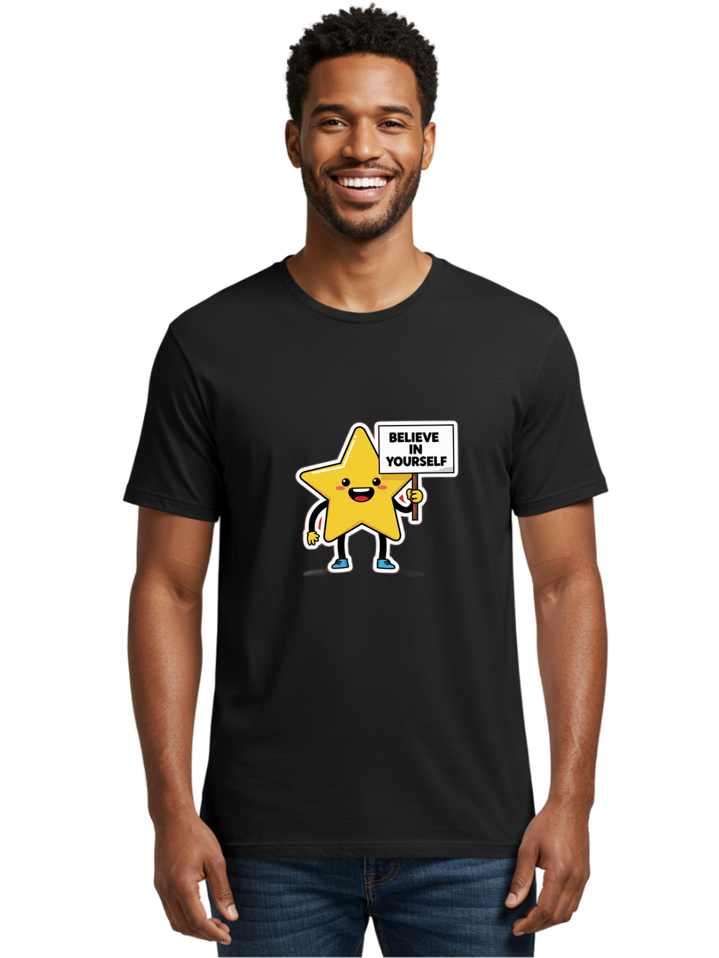 Believe-In-Yourself-2 Men'S Graphic Tee, 100% Cotton, Comfortable Casual Summer Wear, Machine Washable, Motivational Star, Positive Affirmation, Inspiring Cartoon Character, Confidence Booster, Self-Empowerment Message, Yellow Star Character, Bae128