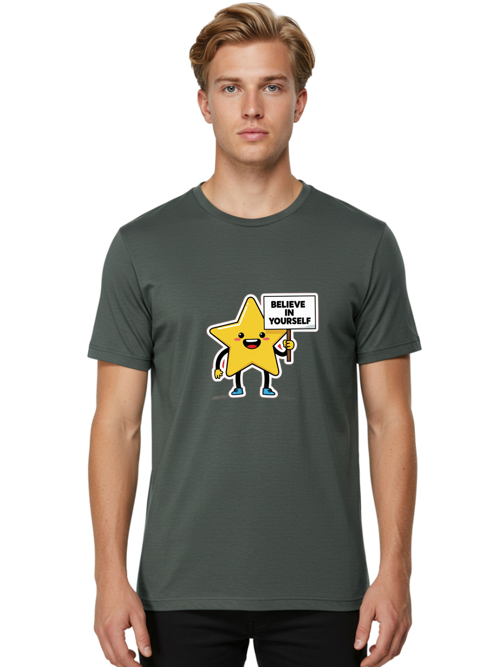 Believe-In-Yourself-2 Men'S Graphic Tee, 100% Cotton, Comfortable Casual Summer Wear, Machine Washable, Motivational Star, Positive Affirmation, Inspiring Cartoon Character, Confidence Booster, Self-Empowerment Message, Yellow Star Character, Bae128
