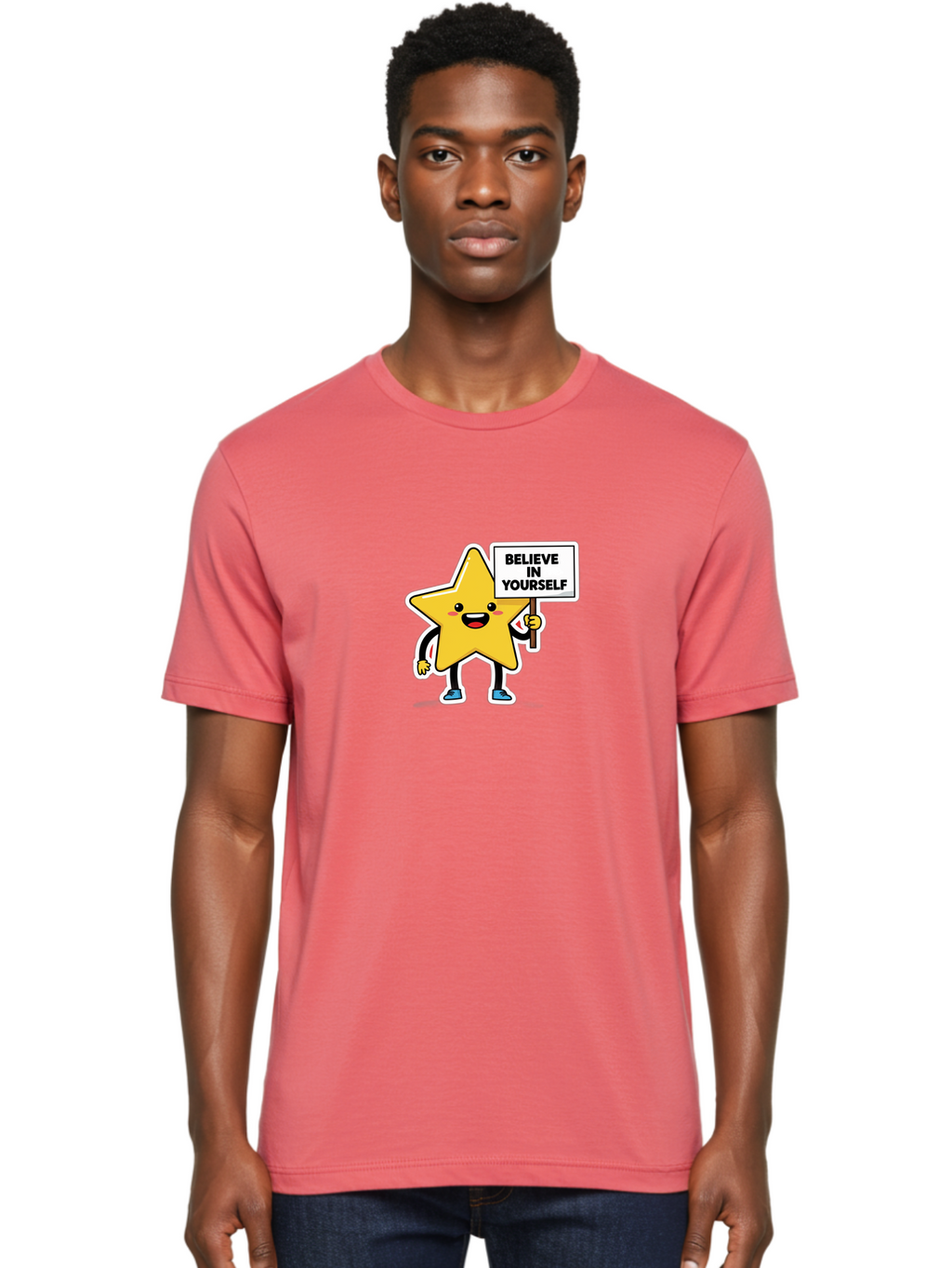 Believe-In-Yourself-2 Men'S Graphic Tee, 100% Cotton, Comfortable Casual Summer Wear, Machine Washable, Motivational Star, Positive Affirmation, Inspiring Cartoon Character, Confidence Booster, Self-Empowerment Message, Yellow Star Character, Bae128