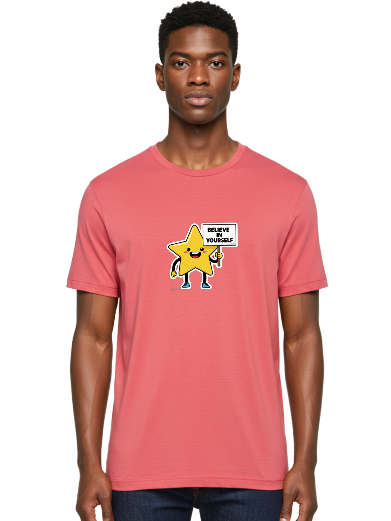 Believe-In-Yourself-2 Men'S Graphic Tee, 100% Cotton, Comfortable Casual Summer Wear, Machine Washable, Motivational Star, Positive Affirmation, Inspiring Cartoon Character, Confidence Booster, Self-Empowerment Message, Yellow Star Character, Bae128