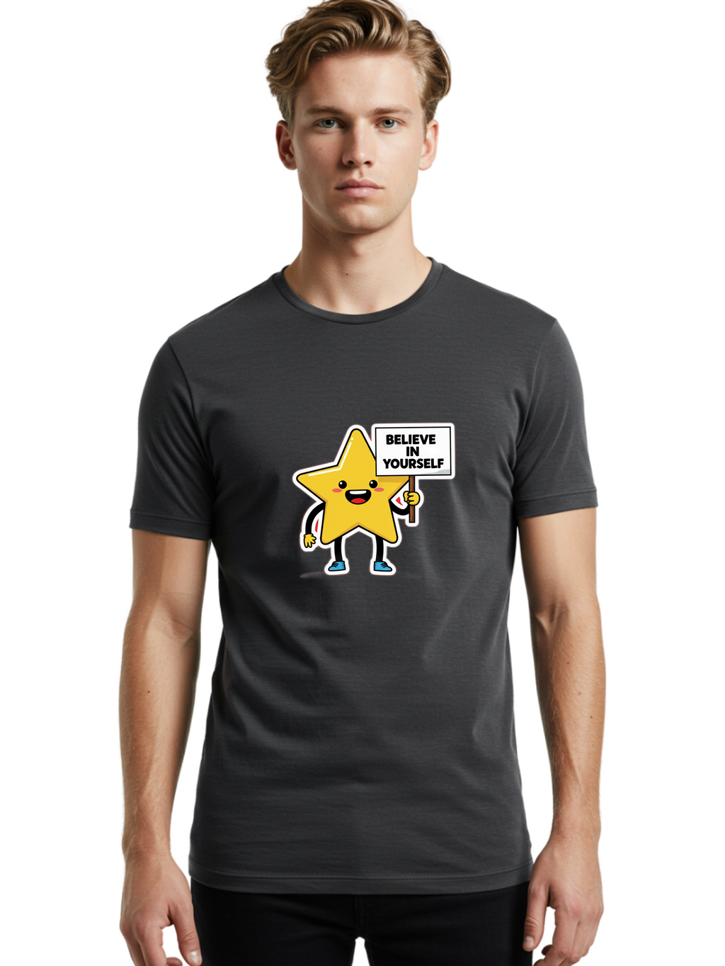Believe-In-Yourself-2 Men'S Graphic Tee, 100% Cotton, Comfortable Casual Summer Wear, Machine Washable, Motivational Star, Positive Affirmation, Inspiring Cartoon Character, Confidence Booster, Self-Empowerment Message, Yellow Star Character, Bae128