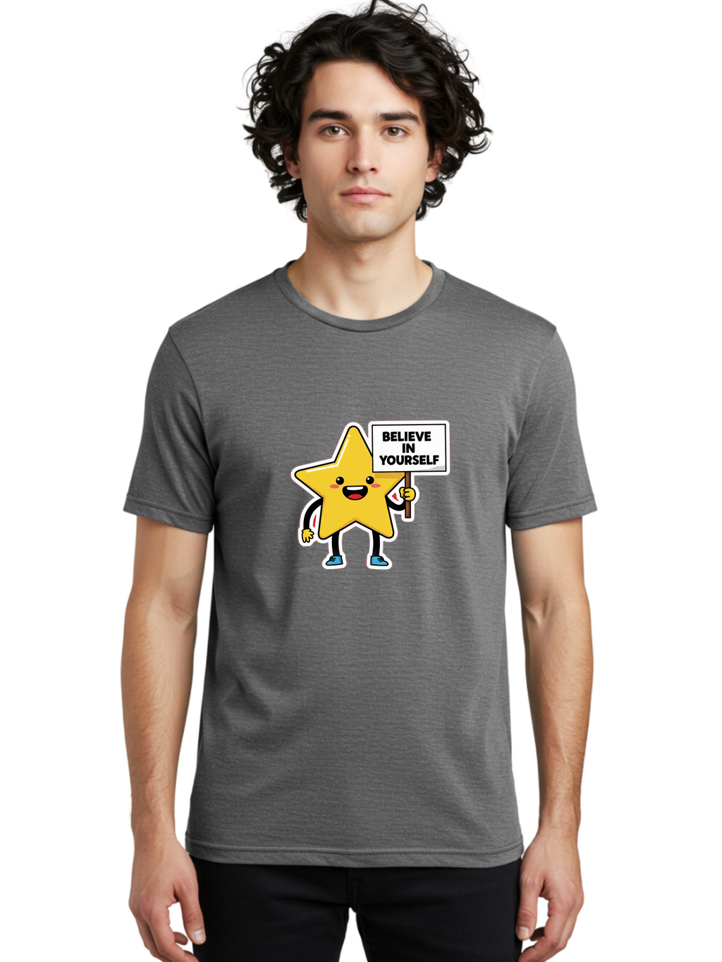 Believe-In-Yourself-2 Men'S Graphic Tee, 100% Cotton, Comfortable Casual Summer Wear, Machine Washable, Motivational Star, Positive Affirmation, Inspiring Cartoon Character, Confidence Booster, Self-Empowerment Message, Yellow Star Character, Bae128