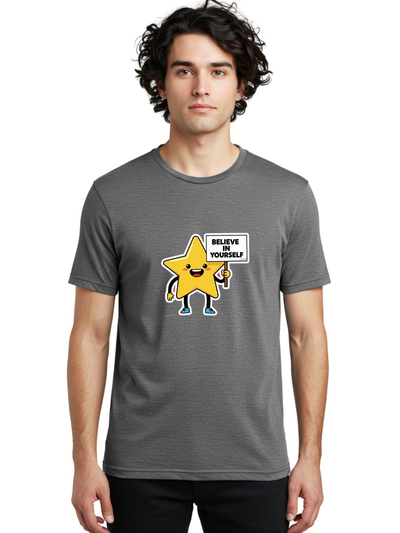 Believe-In-Yourself-2 Men'S Graphic Tee, 100% Cotton, Comfortable Casual Summer Wear, Machine Washable, Motivational Star, Positive Affirmation, Inspiring Cartoon Character, Confidence Booster, Self-Empowerment Message, Yellow Star Character, Bae128