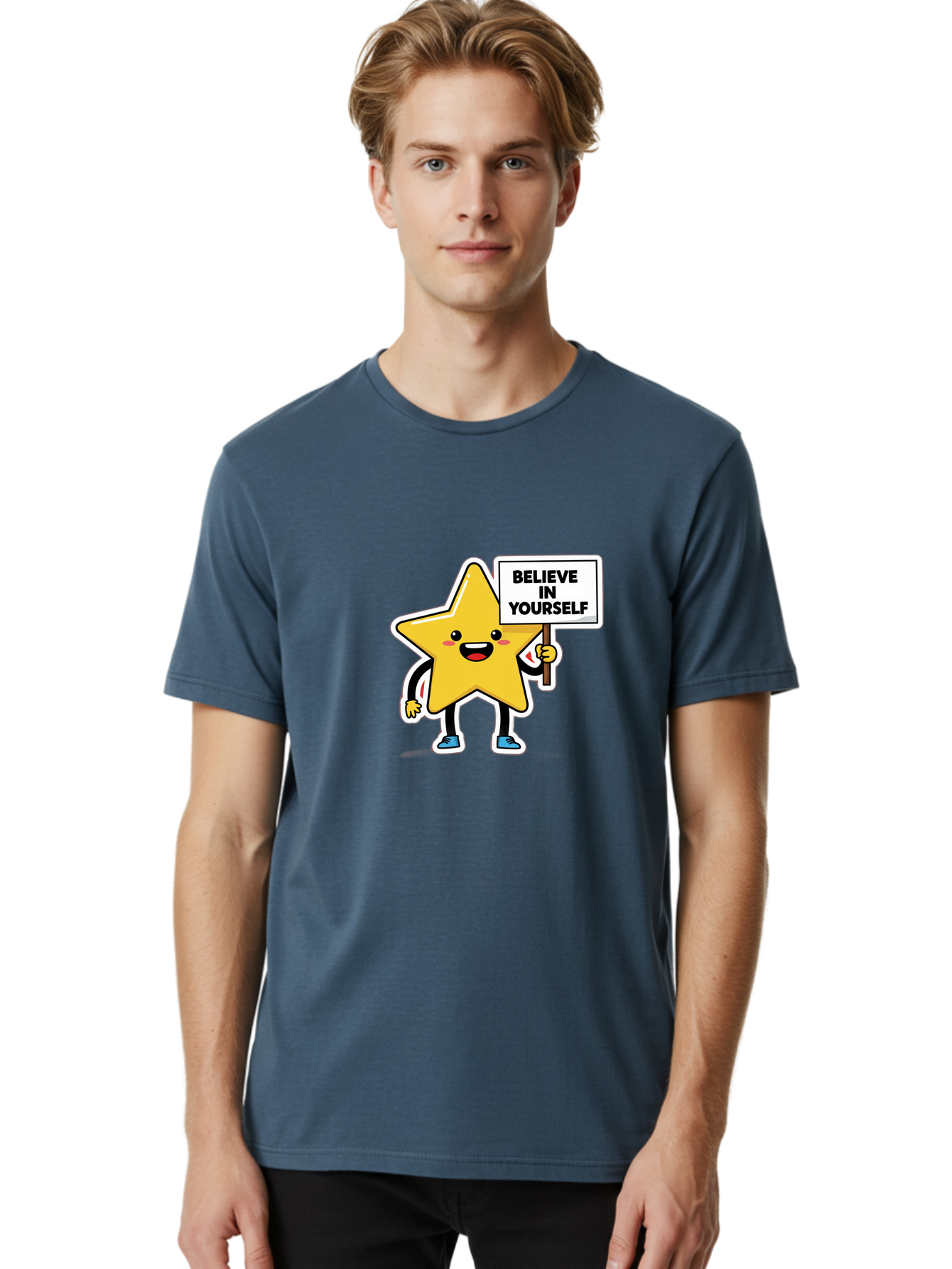 Believe-In-Yourself-2 Men'S Graphic Tee, 100% Cotton, Comfortable Casual Summer Wear, Machine Washable, Motivational Star, Positive Affirmation, Inspiring Cartoon Character, Confidence Booster, Self-Empowerment Message, Yellow Star Character, Bae128