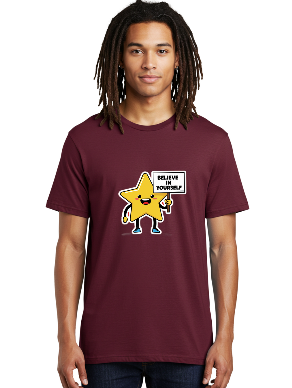 Believe-In-Yourself-2 Men'S Graphic Tee, 100% Cotton, Comfortable Casual Summer Wear, Machine Washable, Motivational Star, Positive Affirmation, Inspiring Cartoon Character, Confidence Booster, Self-Empowerment Message, Yellow Star Character, Bae128