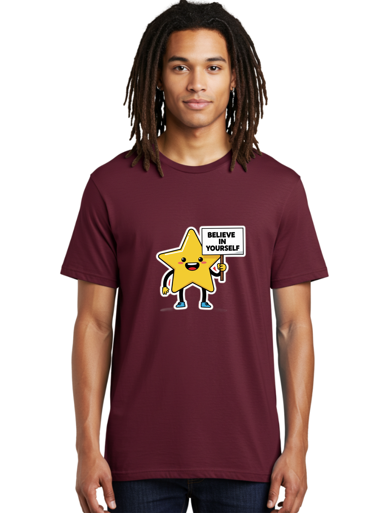 Believe-In-Yourself-2 Men'S Graphic Tee, 100% Cotton, Comfortable Casual Summer Wear, Machine Washable, Motivational Star, Positive Affirmation, Inspiring Cartoon Character, Confidence Booster, Self-Empowerment Message, Yellow Star Character, Bae128