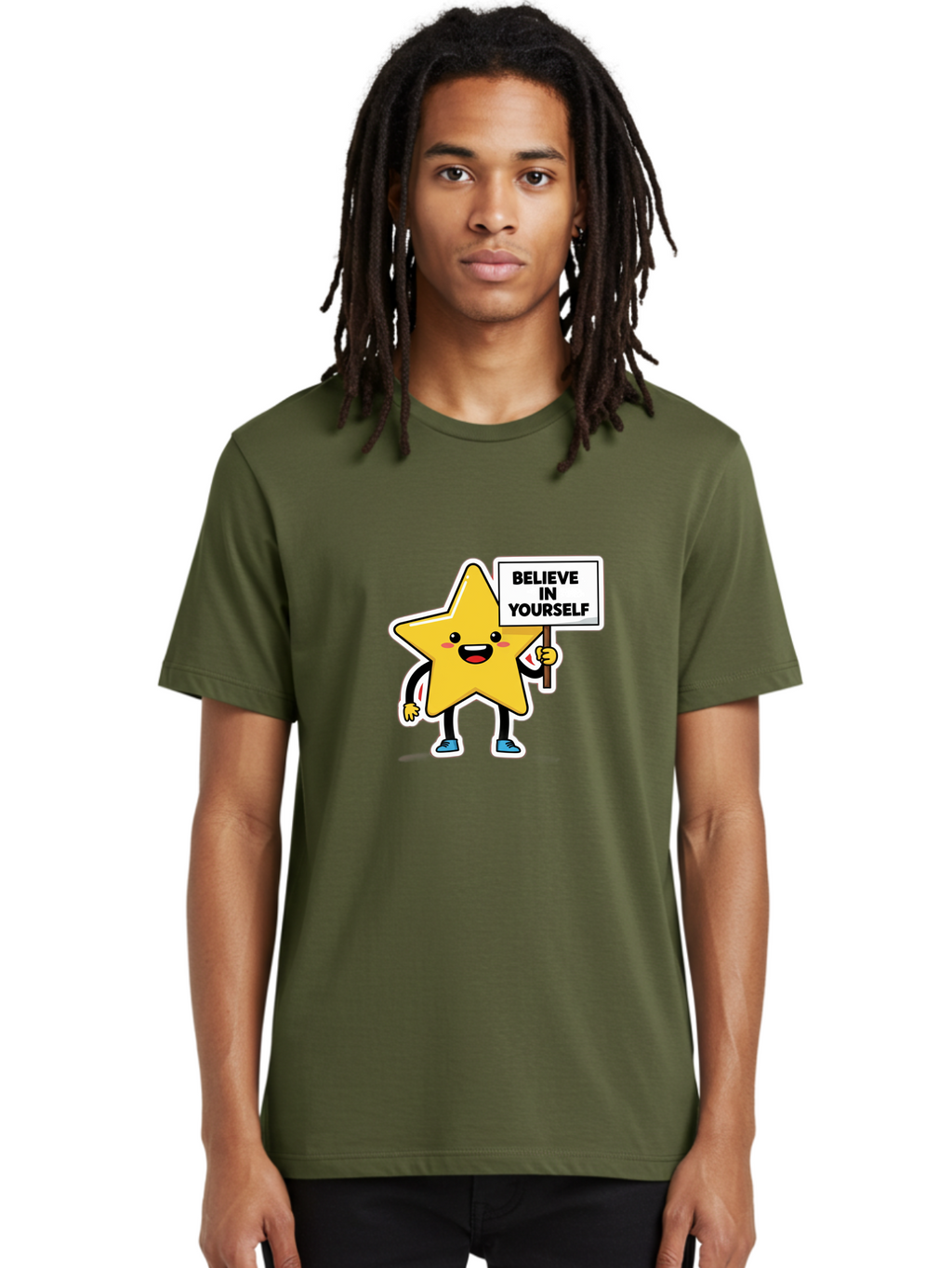 Believe-In-Yourself-2 Men'S Graphic Tee, 100% Cotton, Comfortable Casual Summer Wear, Machine Washable, Motivational Star, Positive Affirmation, Inspiring Cartoon Character, Confidence Booster, Self-Empowerment Message, Yellow Star Character, Bae128
