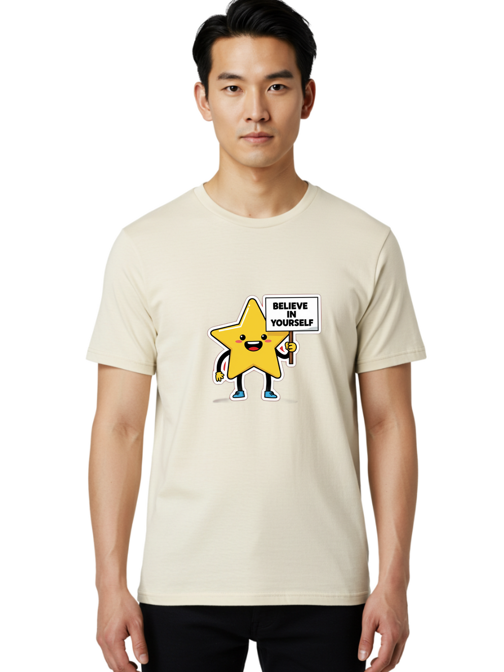 Believe-In-Yourself-2 Men'S Graphic Tee, 100% Cotton, Comfortable Casual Summer Wear, Machine Washable, Motivational Star, Positive Affirmation, Inspiring Cartoon Character, Confidence Booster, Self-Empowerment Message, Yellow Star Character, Bae128